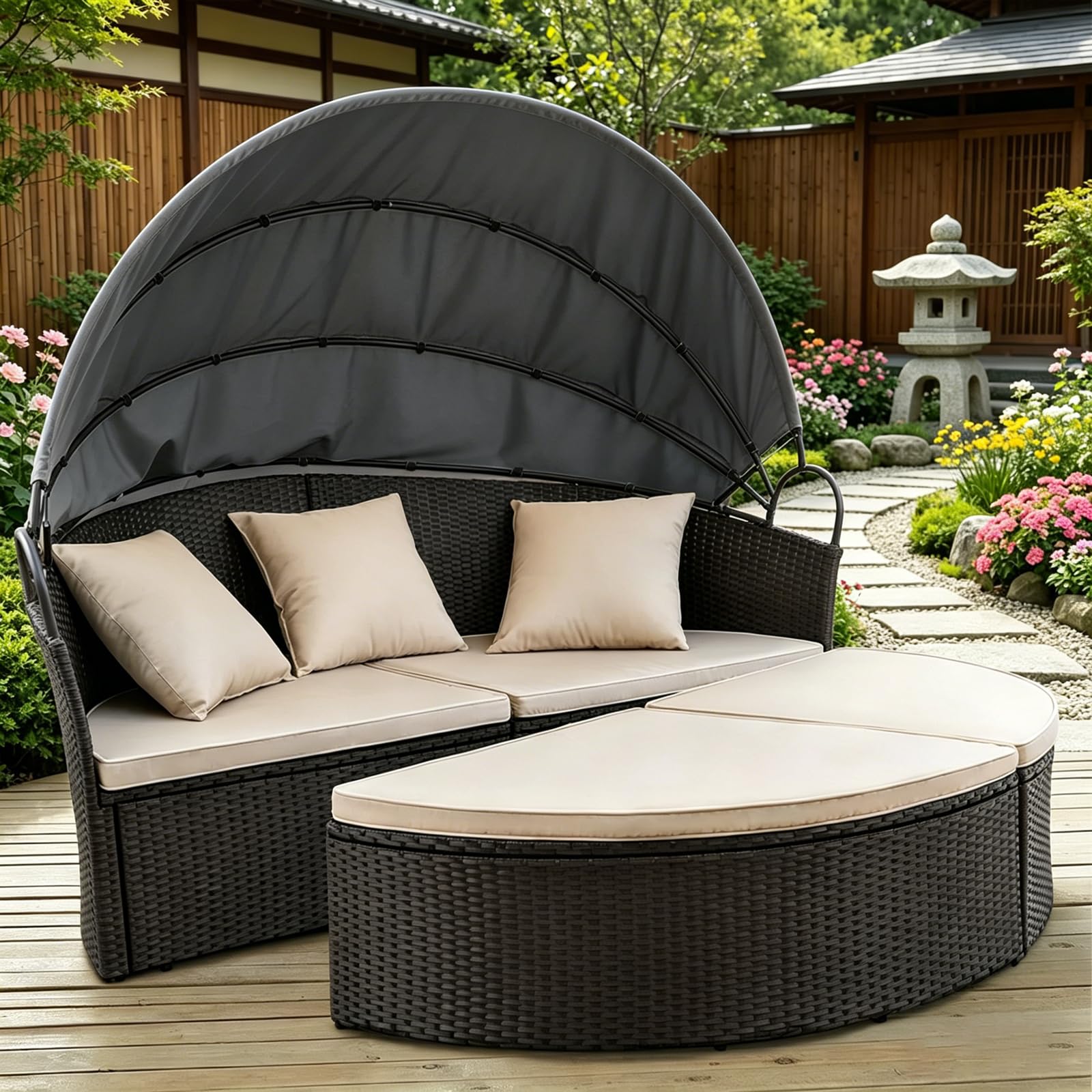 Toit de lit de jour en osier pour terrasse - Pour lit de jour d'extérieur - Toit rond de rechange pour l'extérieur - Accessoires de chaise longue - Gris foncé - 167,64 cm