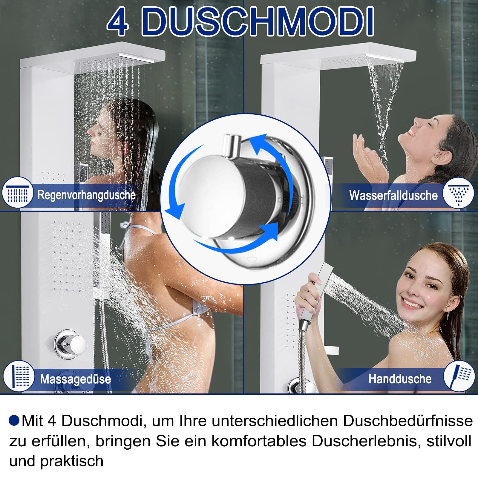 LZQ Sistema de ducha con sistema de ducha ajustable 4 en 1, barra de ducha de acero inoxidable 304, alcachofa de ducha con termostato, sistema de panel de ducha, color blanco