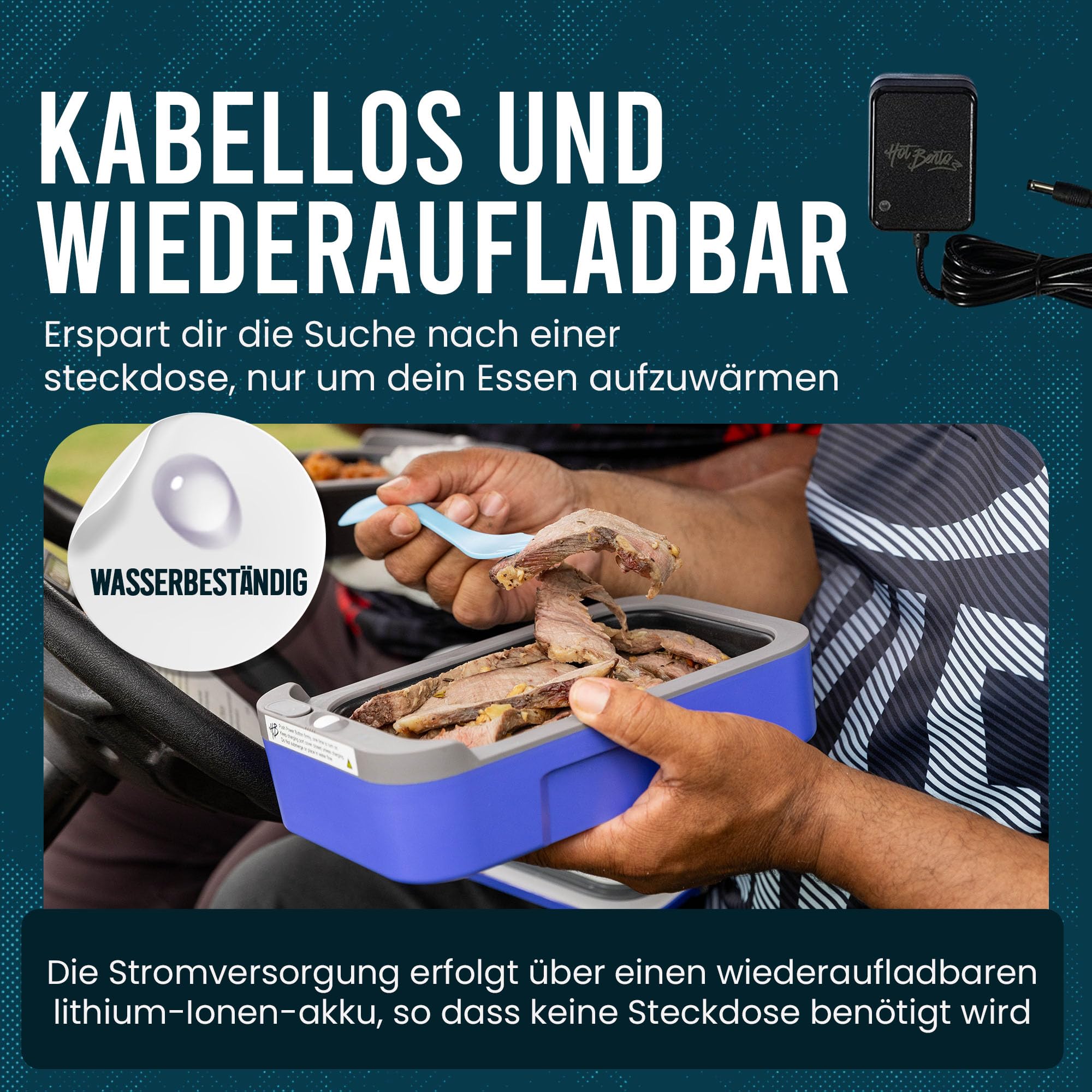 Hot Bento - Lunchbox für Erwachsene mit Batterie zum Erhitzen von Essen - Für Büro, Schule, Reisen und Outdoor - Essensbox für Meal Prep, Leicht zu Reinigen, Aufladbar über AC Kabel - Very Peri