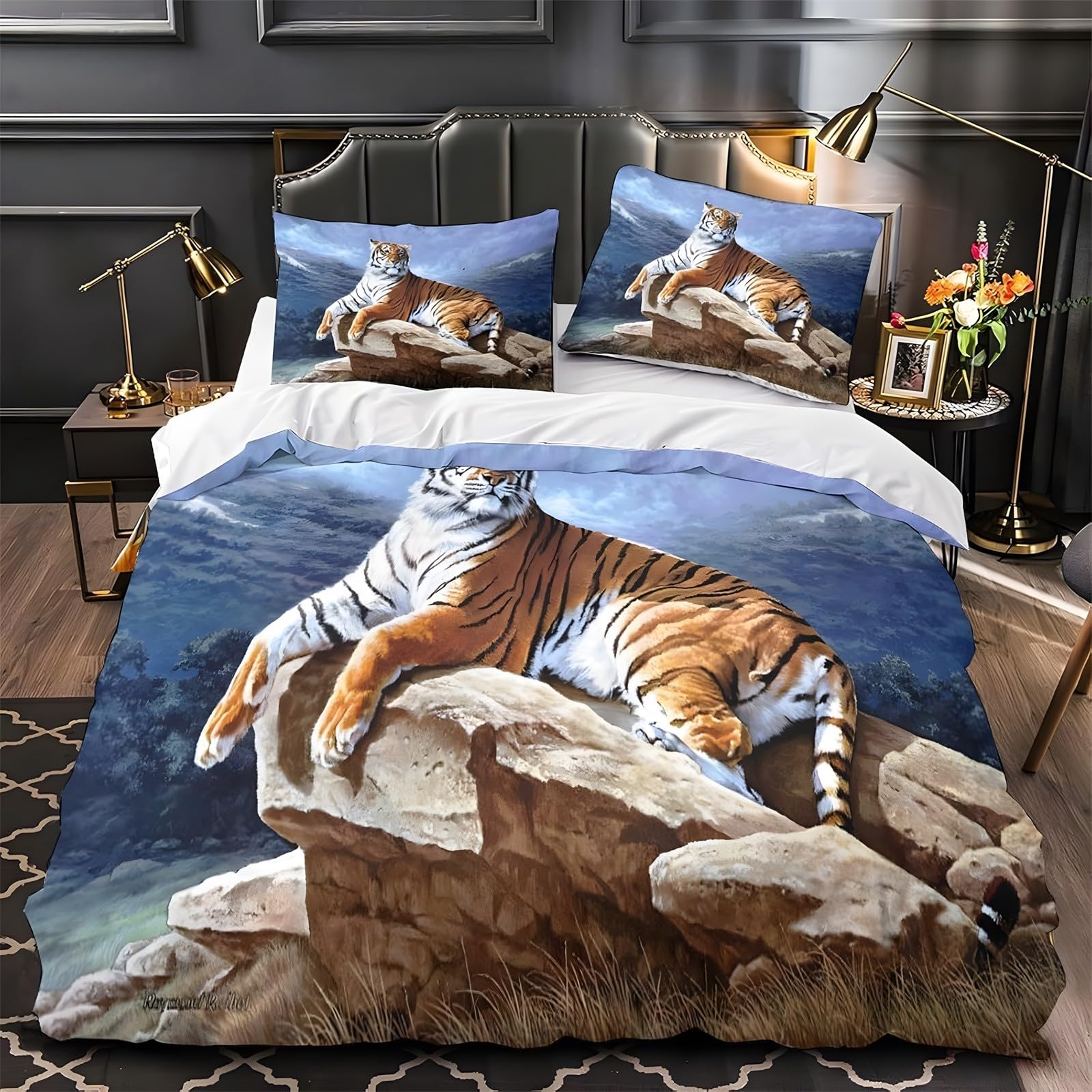 Ypthriline Blue Single Duvet Cover Set Tiger Bedding Set Microfiber Duvet Covers With Pillowcases Reversible Bedding With Zipper Closure 135X200cm