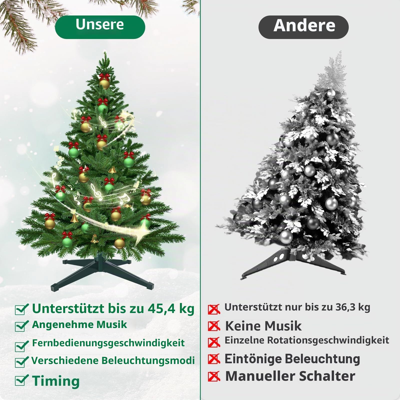 Axcoix Drehbarer Weihnachtsbaumständer, verstellbare Baumständer mit Fernbedienung, Musik, Geschwindigkeit und Licht, künstlicher Weihnachtsbaumständer für bis zu 2,4 m bis zu 45,4 kg Baum