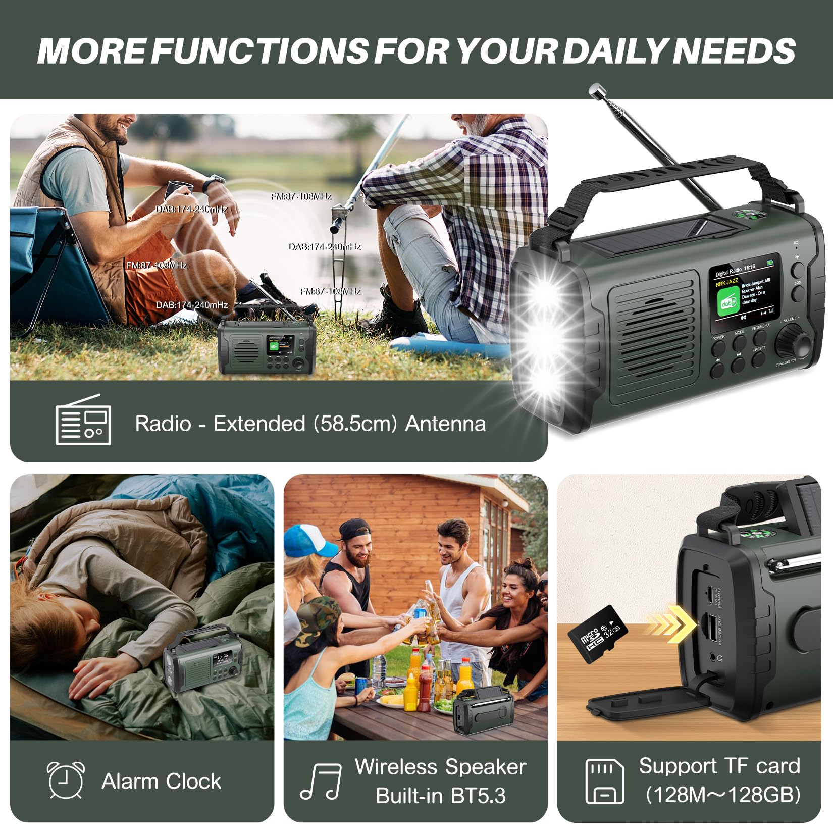 Kurbelradio DAB FM 20000mAh, Notfallradio DAB Plus Kurbel Solar, Solar Radio Notfall mit Bluetooth & Wecker, Emergency Radio mit Handy Ladegerät & Taschenlampe, SOS Kompass Survival Radio (Grüner)