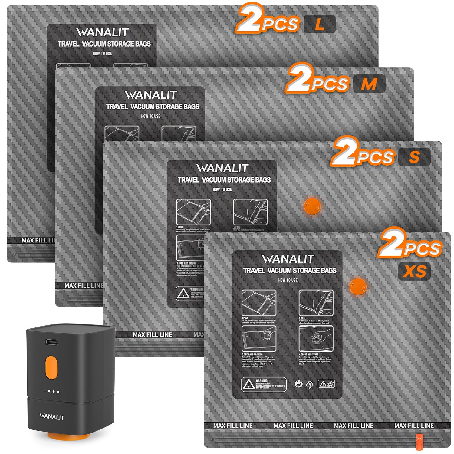 Reise-Vakuumbeutel mit kabelloser, wiederaufladbarer elektrischer Pumpe, 8 Stück, Reise-Essential-Vakuumbeutel für Kleidung, Kompressionsverpackungsbeutel für