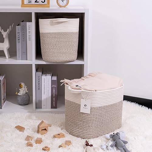 Miniatura 6 de Laughbird Baskes - Cubos altos de almacenamiento de ropa, cesta organizadora de ropa de cuerda de algodón, manta grande con asas para juguetes,