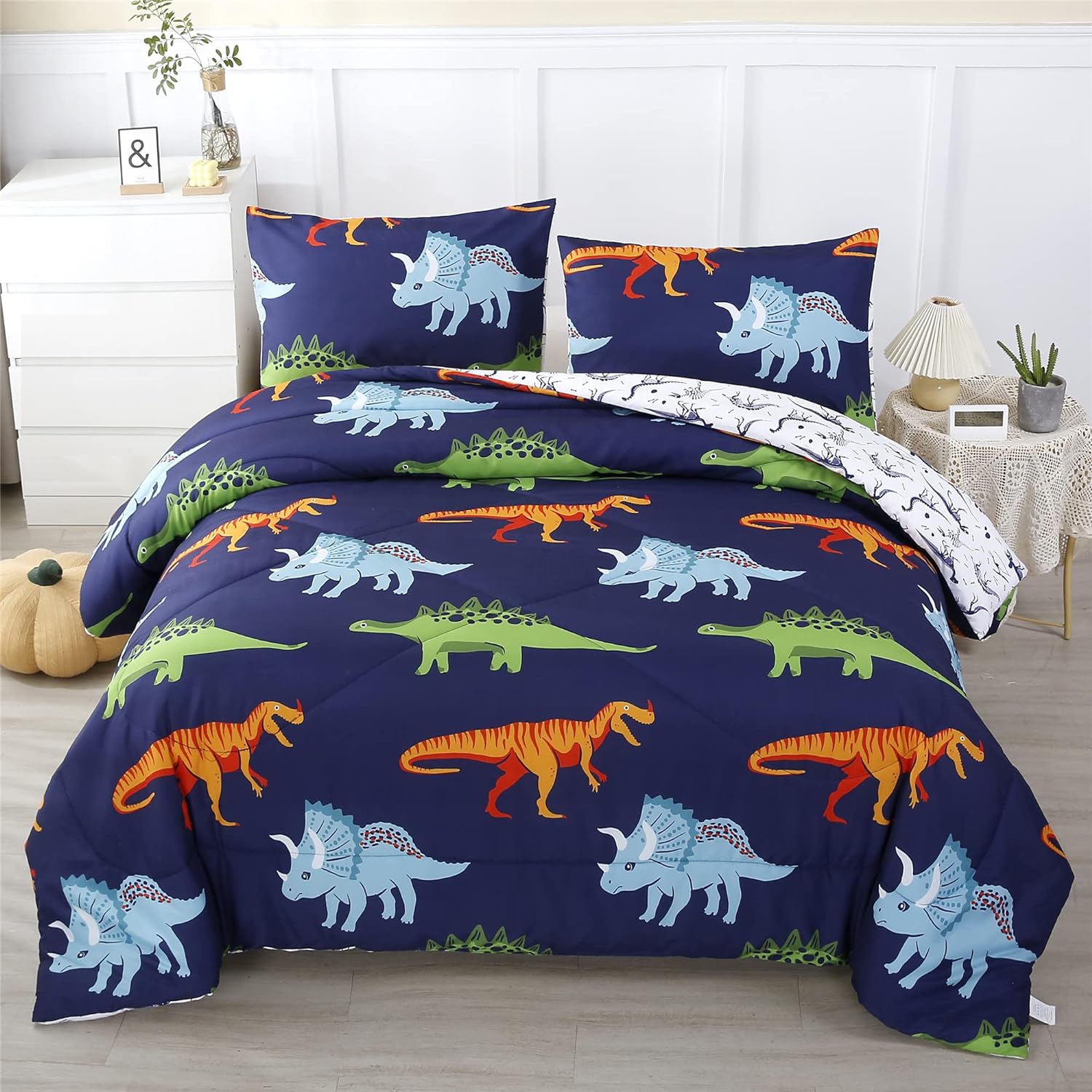 RYNGHIPY Cartoon Dinosaur Comforter Set, Dark Blue Dinosaur Kids Bedding Set for Boys, Dinosaurs Print Comforter Sets for Kids/Toddlers/Teens (Dinosaur,Queen)