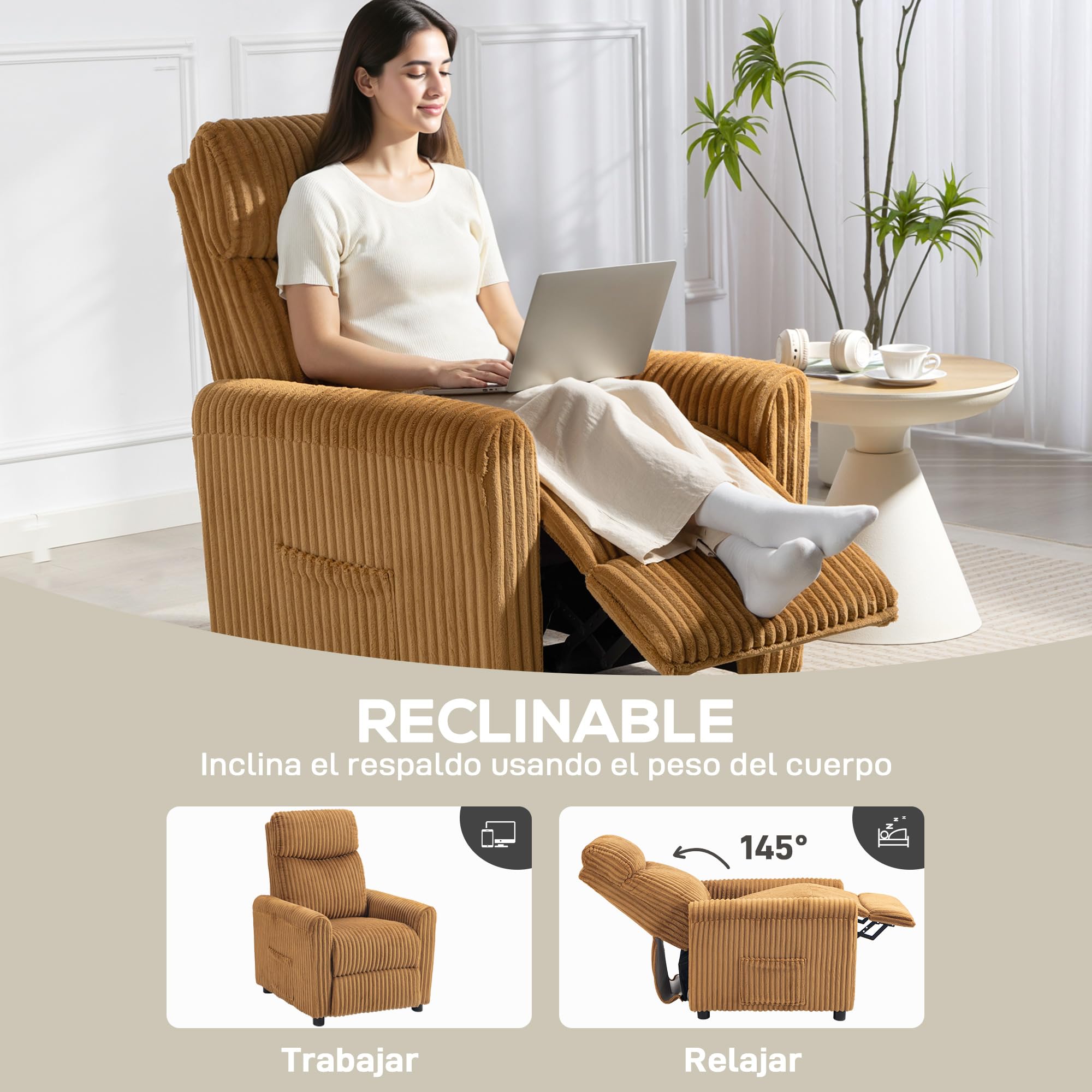HOMCOM Poltrona Relax Reclinabile, Poltrona reclinabile Manuale, Imbottita in velluto a coste Installazione rapida, Poggiapiedi imbottito spesso, per soggiorno, camera da letto, ufficio, marrone