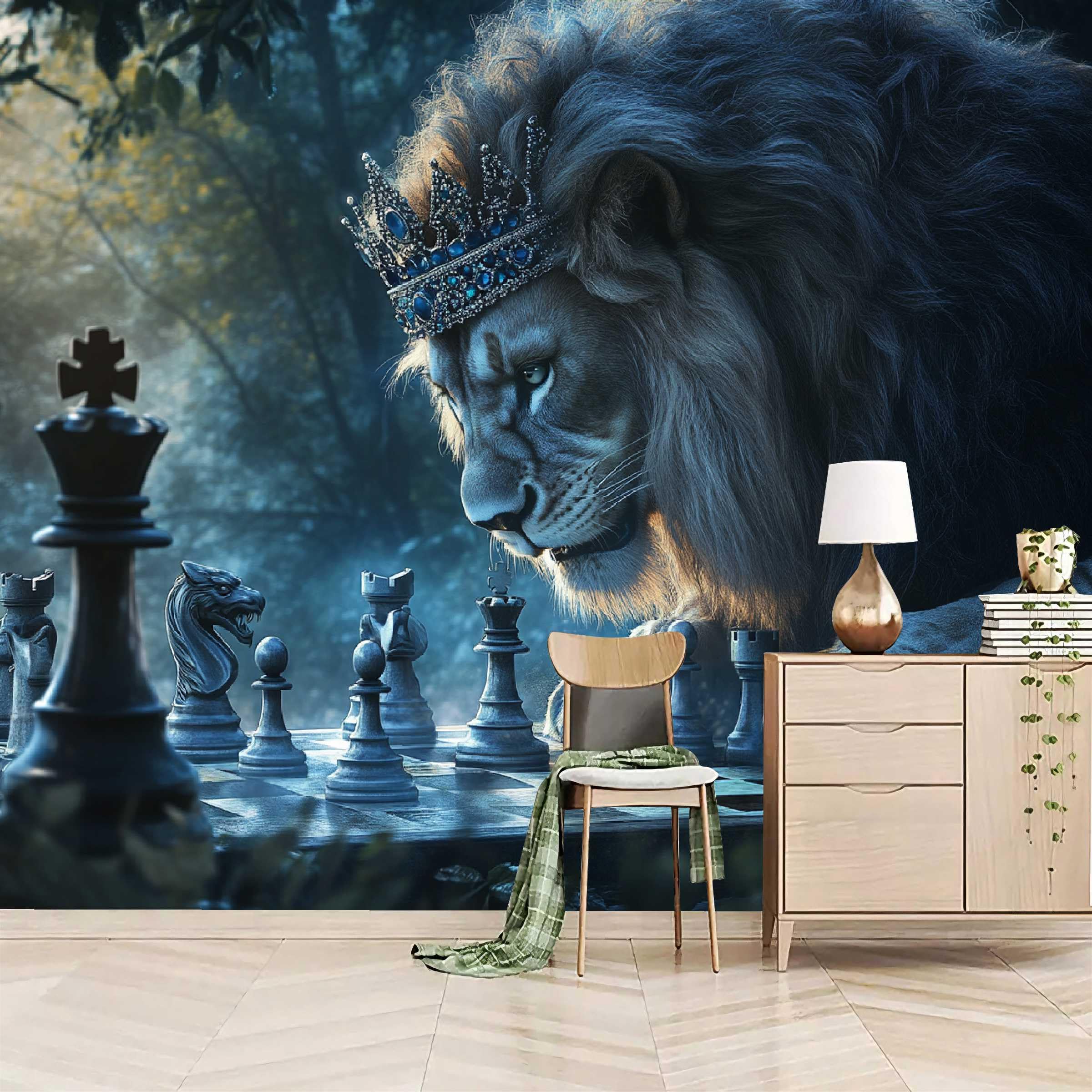 Mural ścienny lew włóknina 200 x 140 cm fototapeta efekt 3D lew król szachy tapeta mural zwierzęta grafika tło naklejki ścienne do salonu sypialni dziecięcej