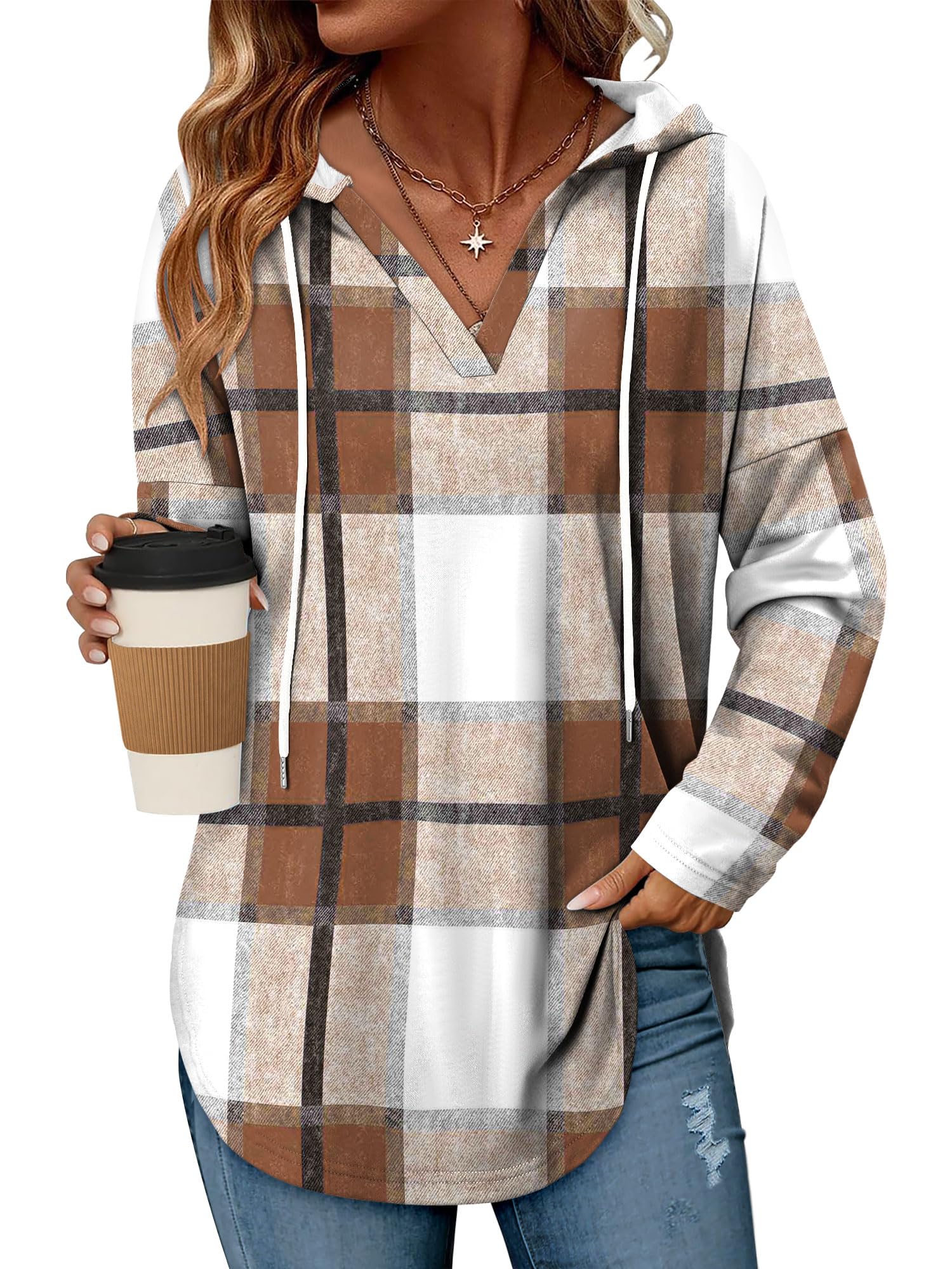Womens Fashion Hoodies Pullover Oversized Sweatshirt Long SLeeve Drawstring Hooded Fall Shirts Loose Fit, D Plaid Brown, 3X-Large-image-13