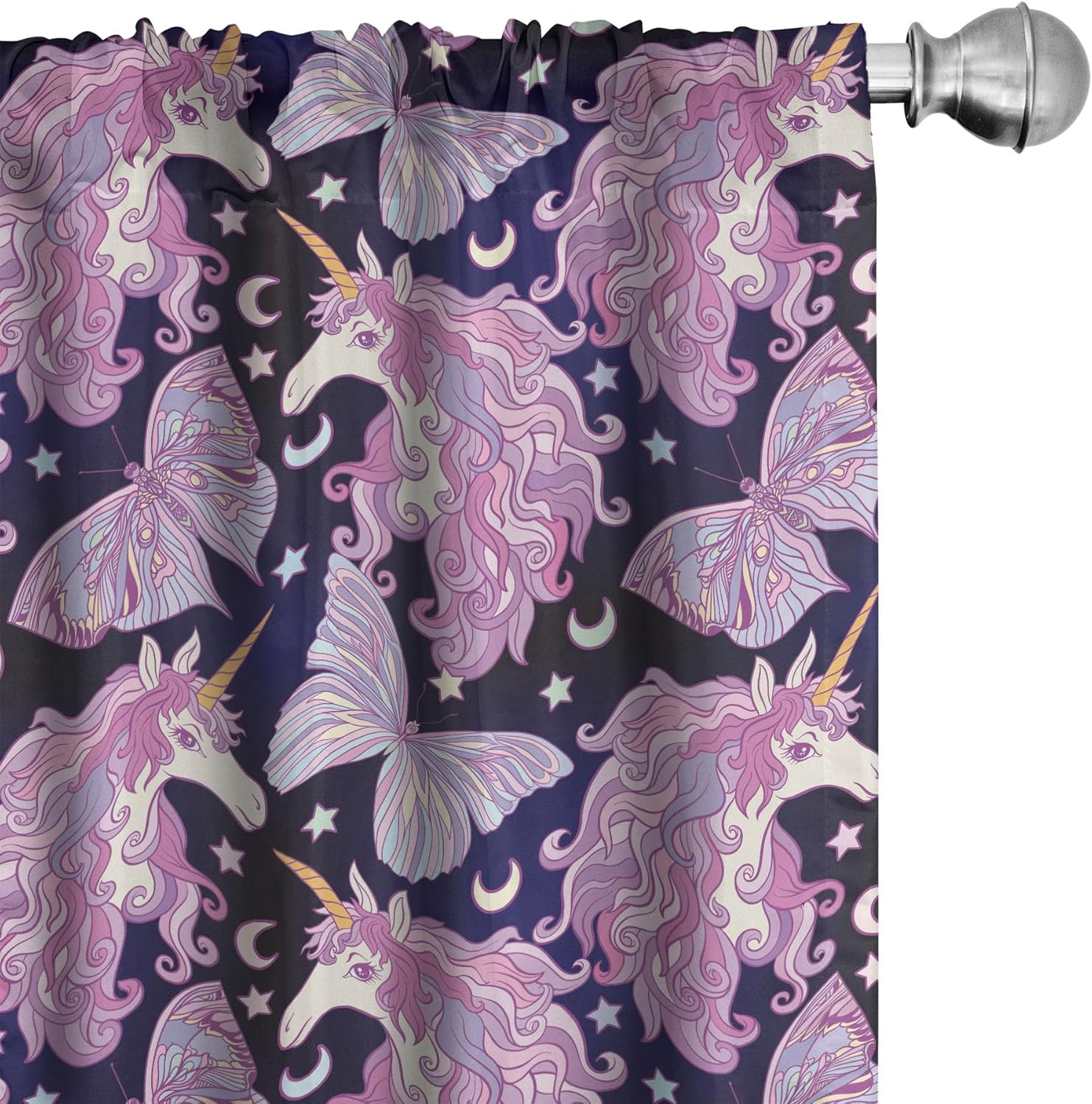 Ambesonne Unicorn Curtains, Mythical Animal with Colorful Mane Butterflies Stars Crescent Moons Fantasy World, Window Treatments 2 Panel Set for Living Room Bedroom, Pair of - 28" x 95", Lillac Purple