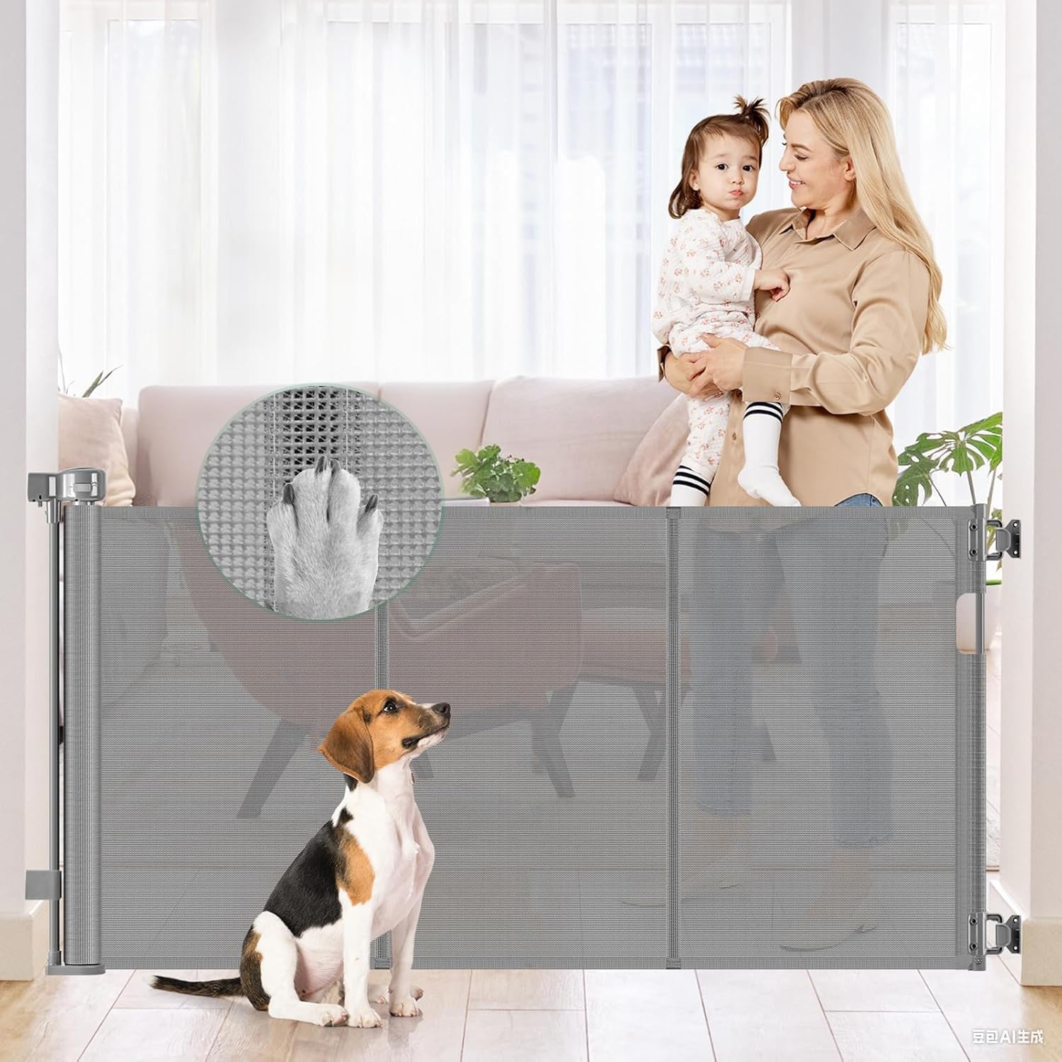 Reinforced 50" Wide Retractable Dog Gate for Stairs, Retractable Baby Gates with Support Rods - Bottom Anti-Escape, Indoor Long Baby Gate Outdoor