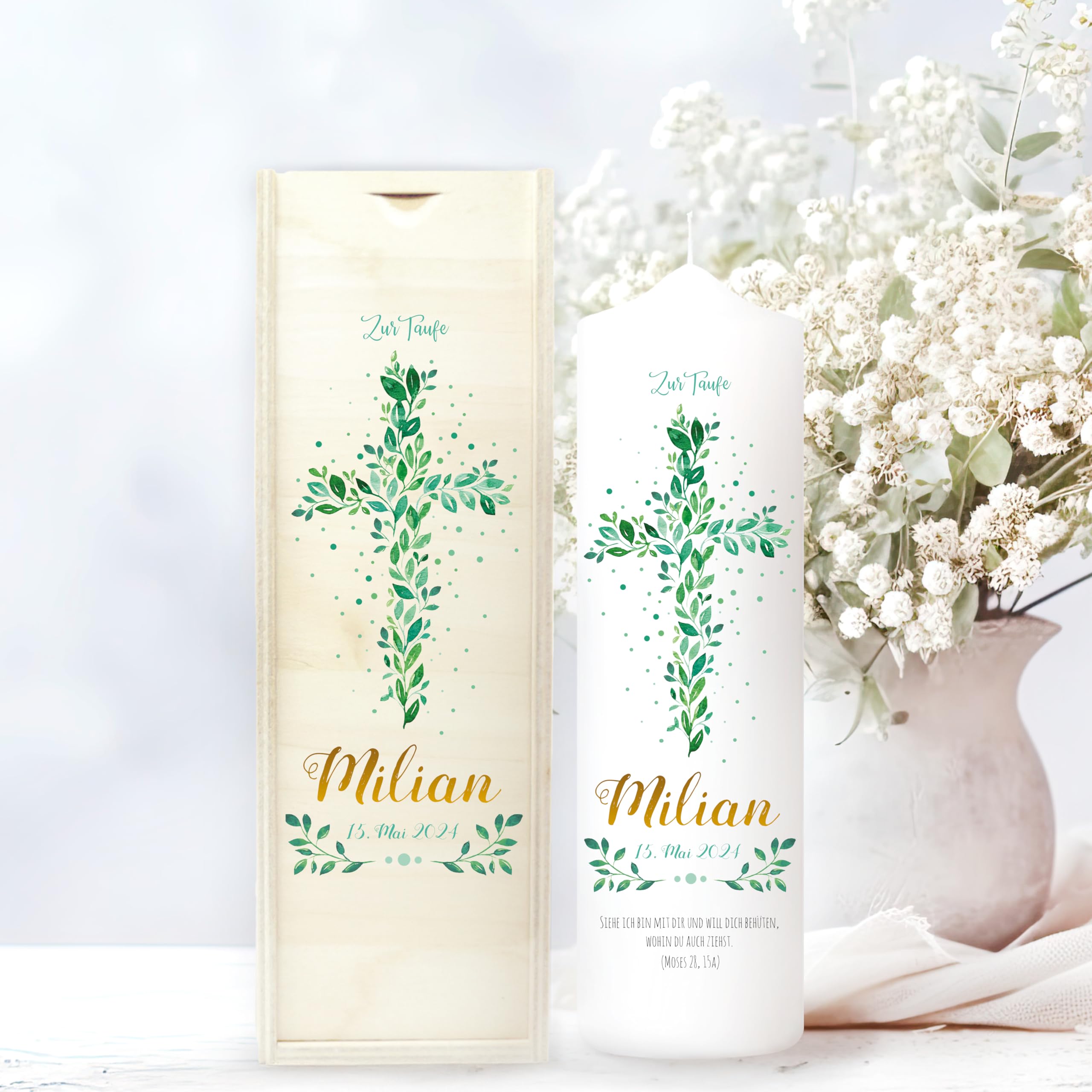 Wandtattoo Loft Taufkerze Junge mit Taufspruch, Motiv Heiliges Kreuz aus grünen Blättern, 25cm x 7cm