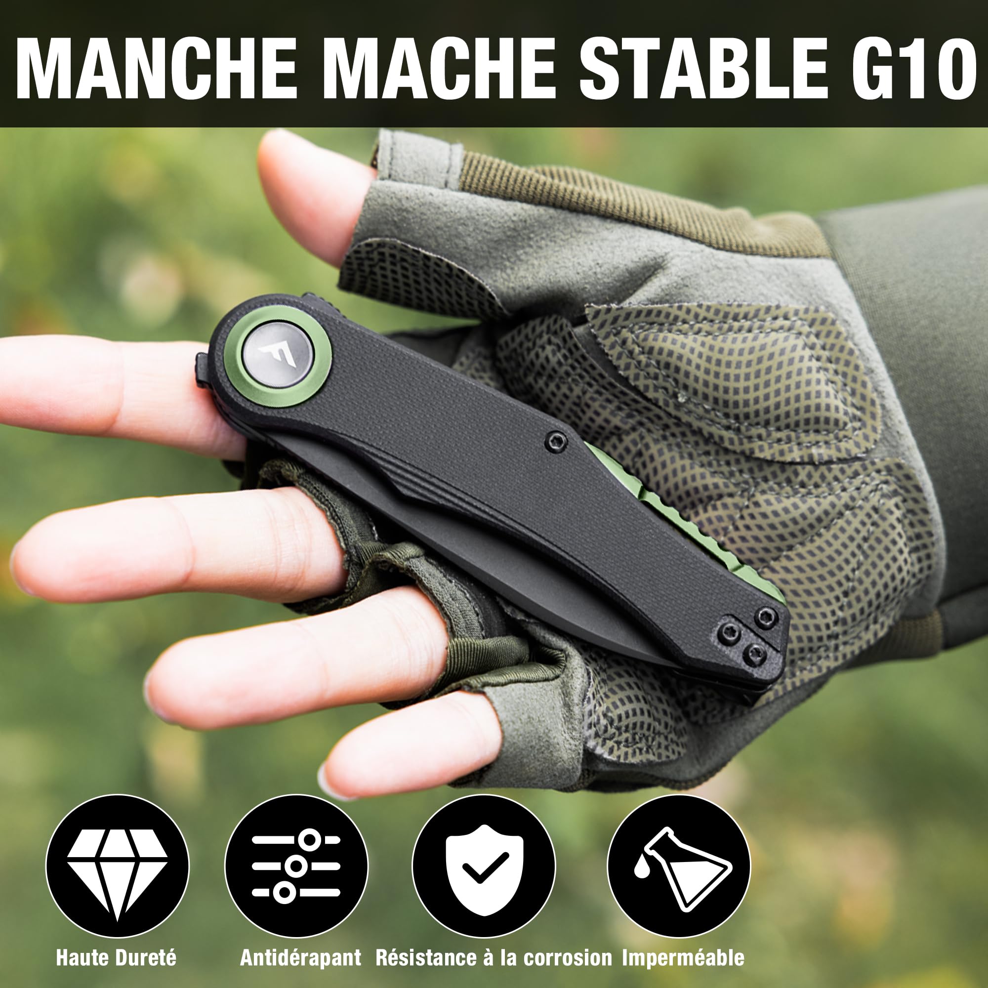FLISSA Couteau Pliant EDC en Acier D2 avec Manche G10 Noir et Accents Vert Olive, Couteau Compact à Lame Noire 8 cm pour Camping, Randonnée et Usage Quotidien