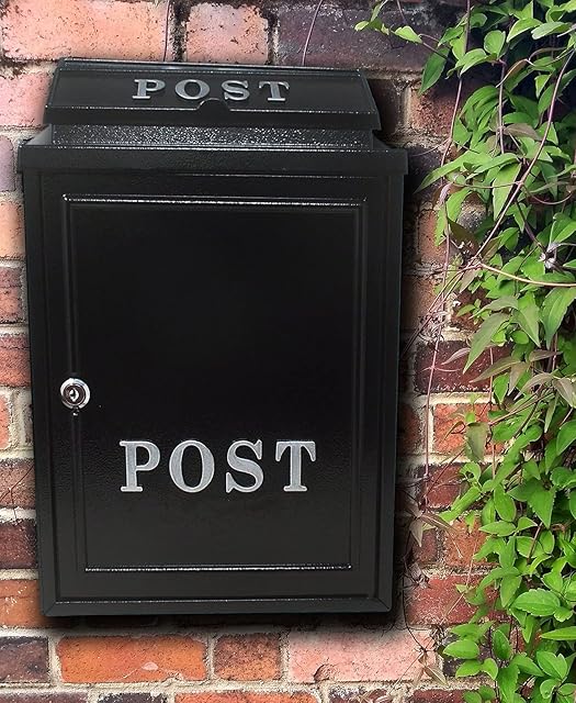 Aurahome® Vintage Weatherproof Post Box Plain Design Personalisable-Lockable Heavy Duty Secure Wall Mounted Letter Mail Post Box Post for Walls/Gates/Garages.Charming (Black with Silver Post Sign)