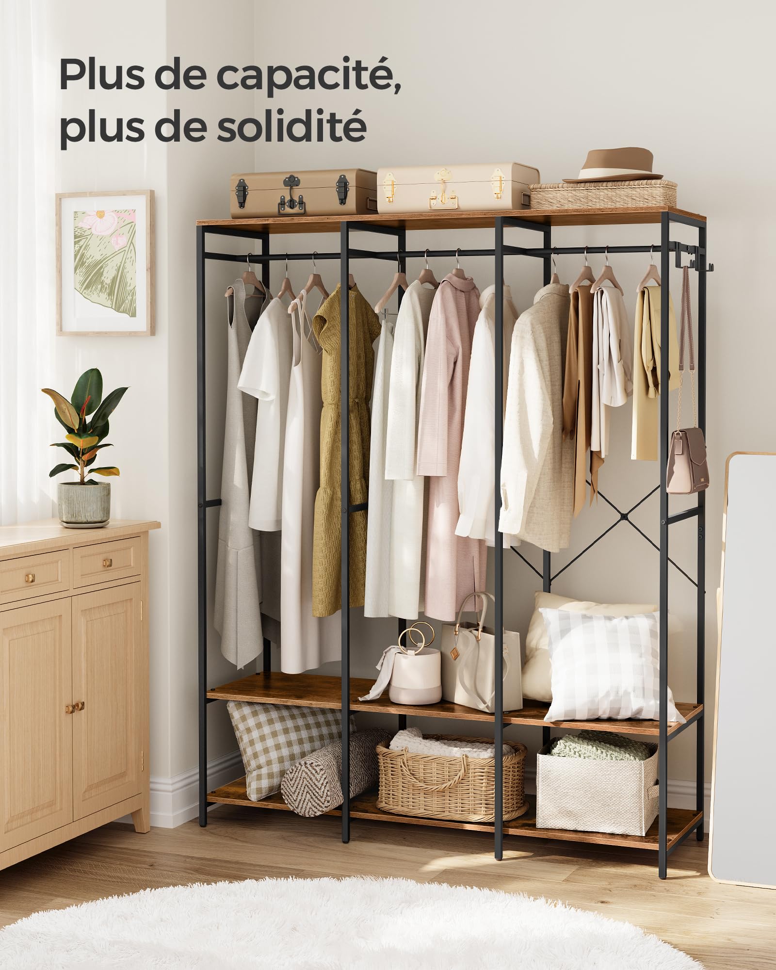 SONGMICS Armoire Vêtements Portable, Penderie Métal Pliable, Étagères de Rangement avec Tringle, Crochet Amovible, 40 x 141 x 180 cm, Marron Rustique RGR005B01