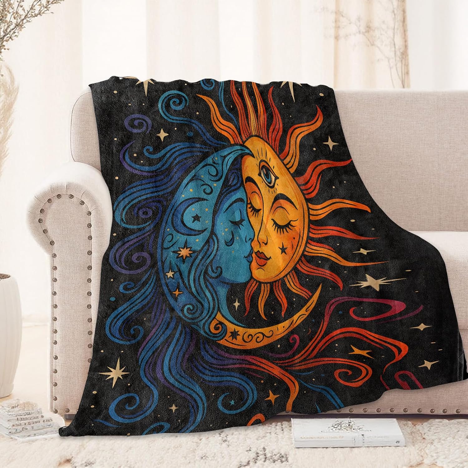Celestial Sun and Moon Goddess Blanket 50x60 in, Flannel Throw Blankets for Travel Camping Sofa Living Room Decor, Lightweight Cozy Soft Fuzzy Gifts for Women Adults Kids