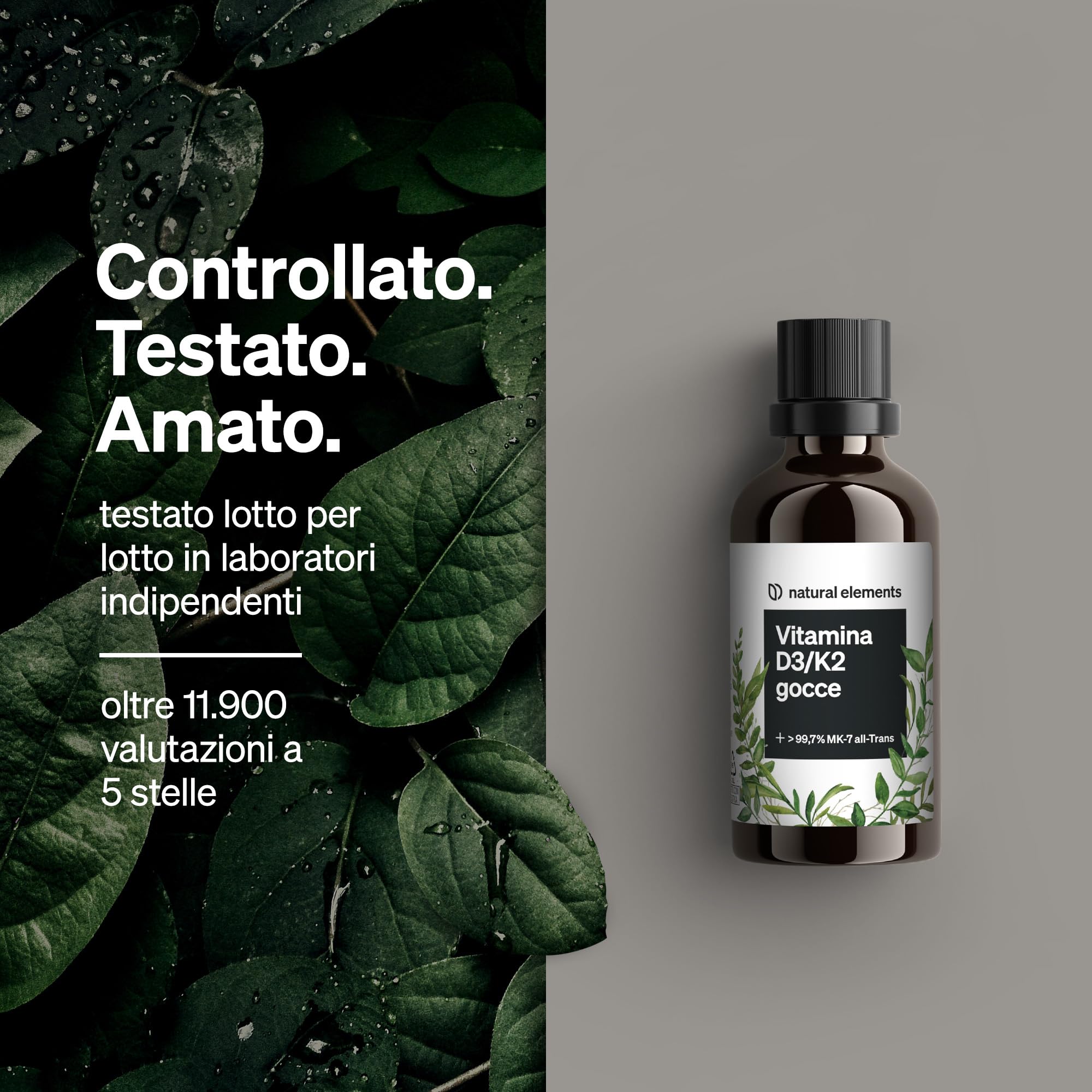 Vitamina D3 + K2 in gocce da 50 ml – Premium: minimo 99,7% all-trans (K2VITAL® di Kappa) + D3 ad alta biodisponibilità – natural elements – Integratore Vitamin D – alto dosaggio, liquida