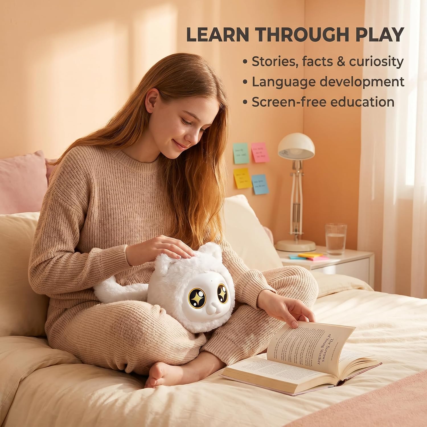 AI Robot Companion Cat, Talking Plush Pet for Adults & Kids 8+ (White) | Emotional Support, Voice Interaction, 8 Eye Expressions, Screen-Free, No Subscription, Long Distance Gift, Desk Decor