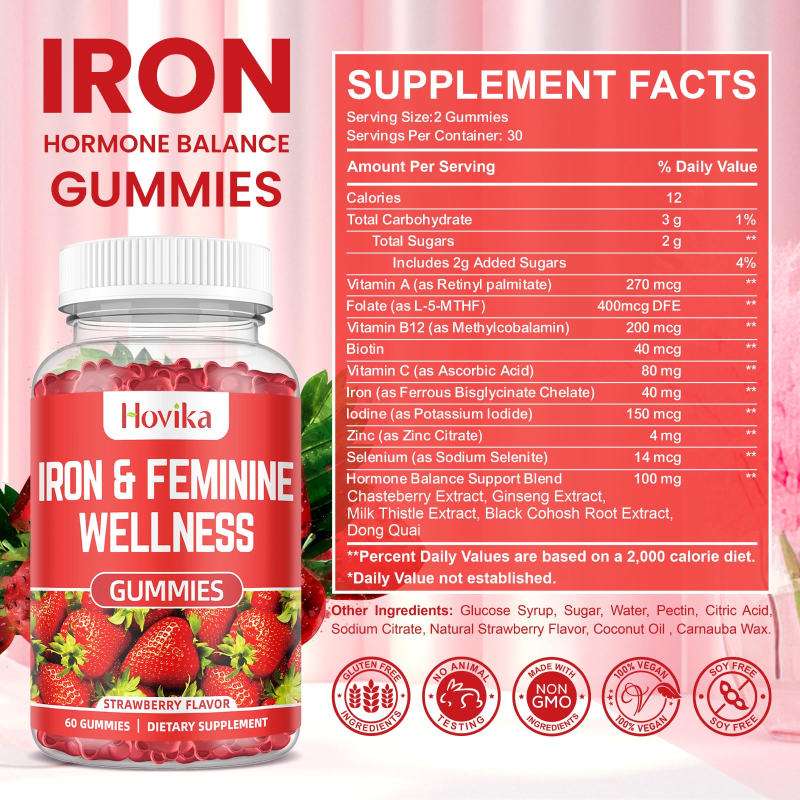 Iron for Women Gummies, 40mg Iron Supplement Anemia with multivitamin for Women, Zinc, Selenium, Iodine - for Iron Deficiency - Natural Hormonal Support for PMS, Strawberry Flavour, 60 Count — Amazon image 3