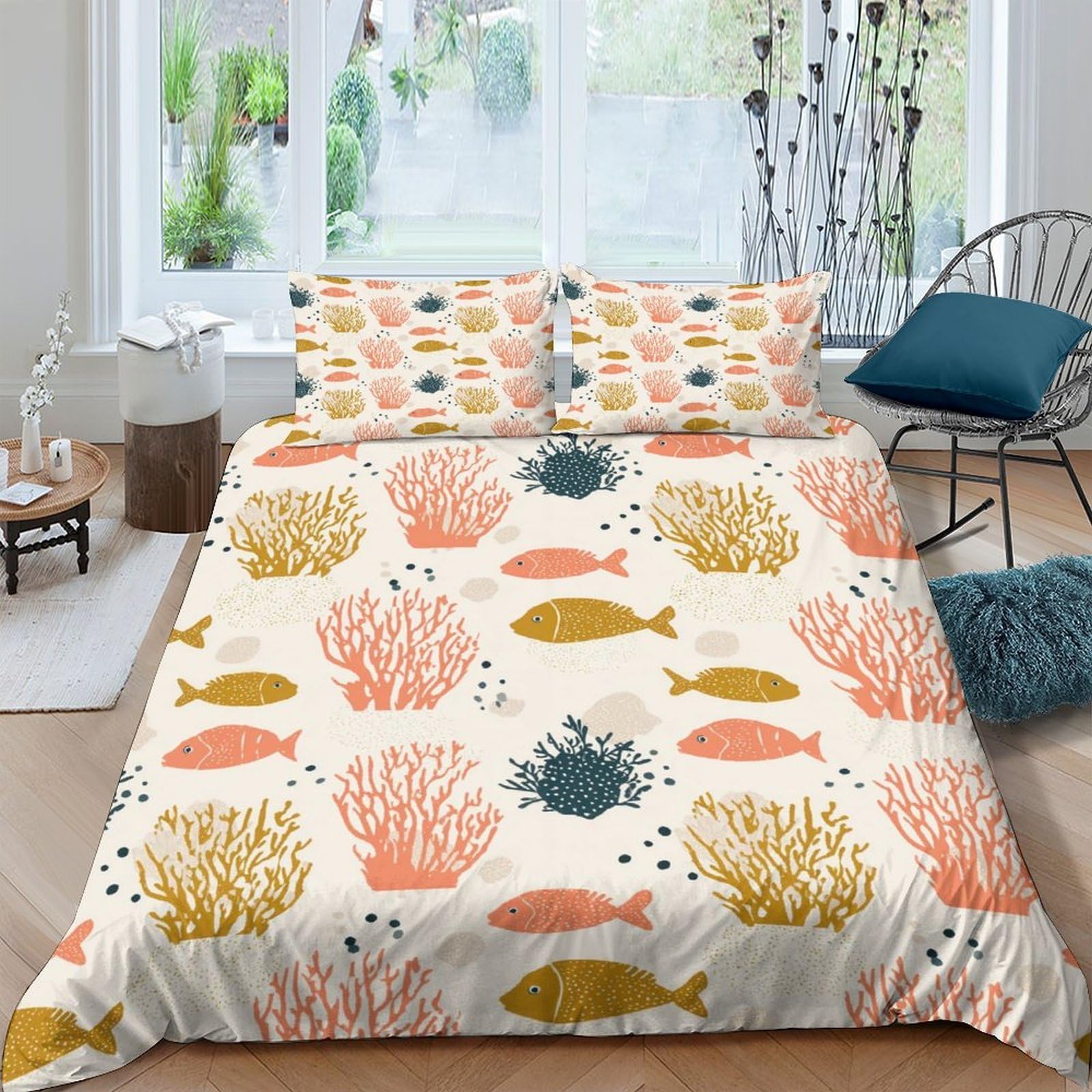 Ctjqhvkz Style-6 3D Printed Coral Fish Fitted Sheet Microfiber Soft Breathable Sea Life Bed Cover For Bedroom Guest Room Decor Single（135X200cm）