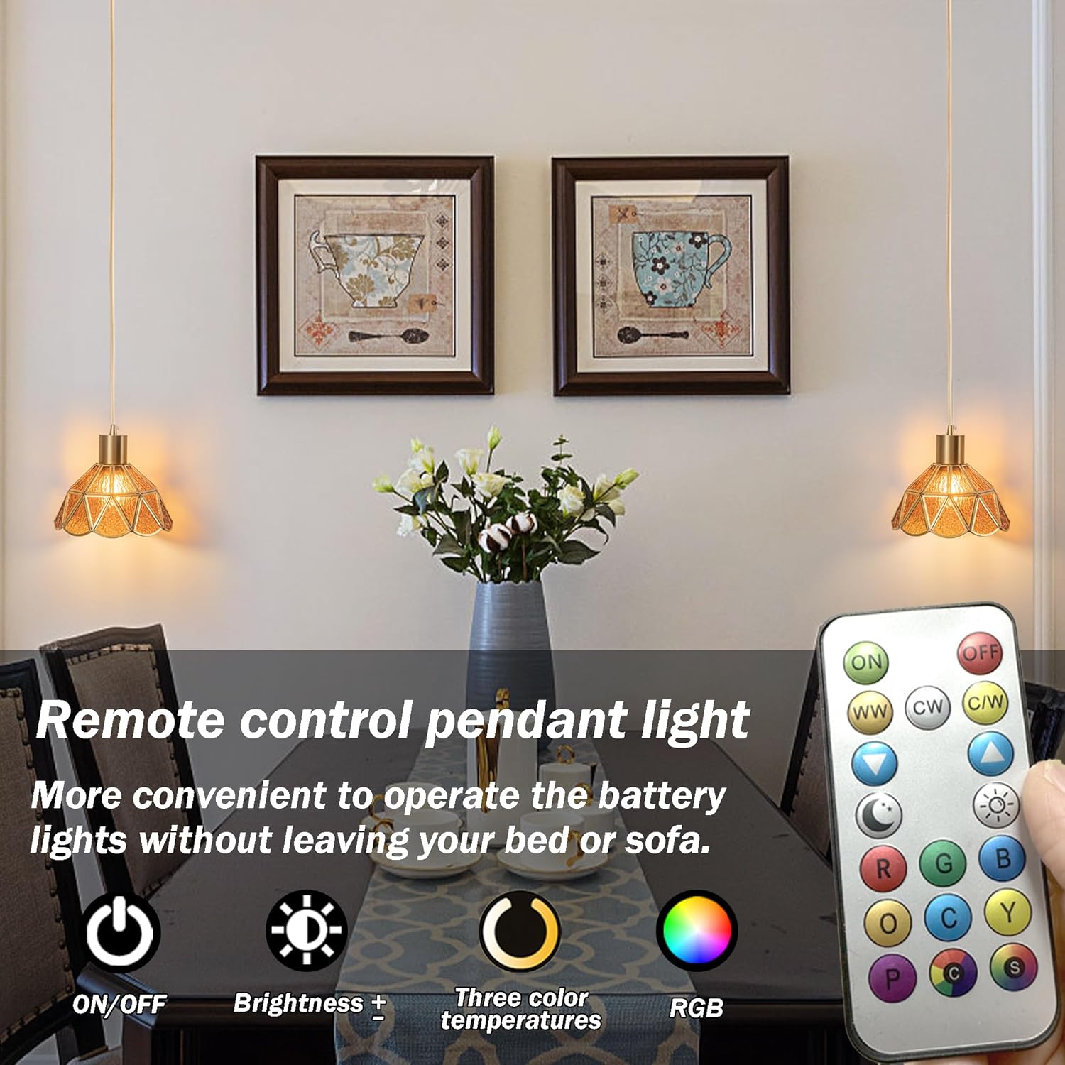 2-PACK Battery Operated Pendant Light-Brass Art Glass Shade Hanging Light No Wiring,Rechargeable Light Bulbs With Remote-50+Hours Battery Life For Indoor Wireless Kitchen Lighting ( Color : Amber Brow