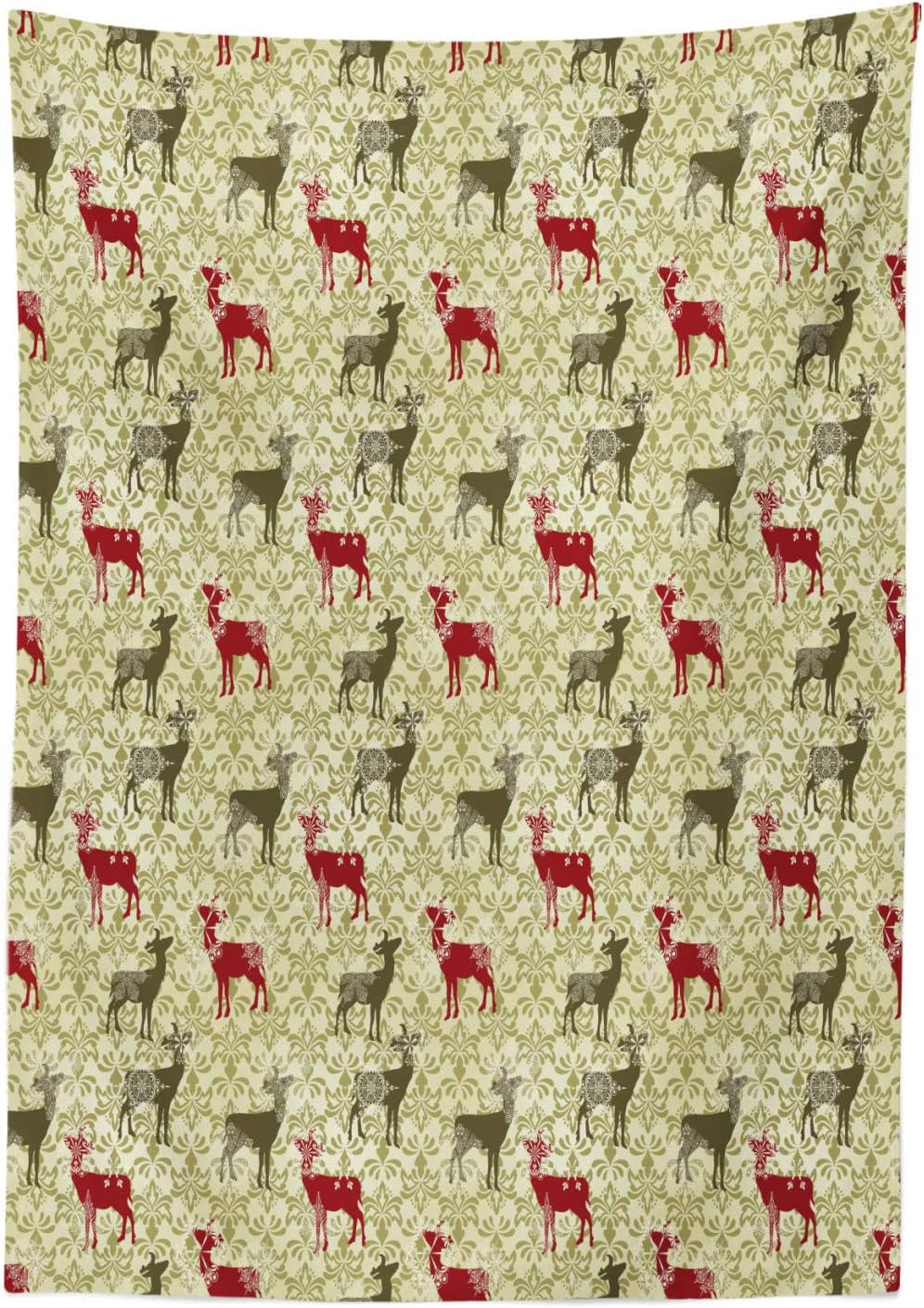Ambesonne Christmas Tablecloth, Antique Rococo Damask Vintage Falling Snowflakes and Deer, Rectangular Table Cover for Dining Room Kitchen Decor, 60" X 84", Green Avocado 60" X 84" Green Avocado