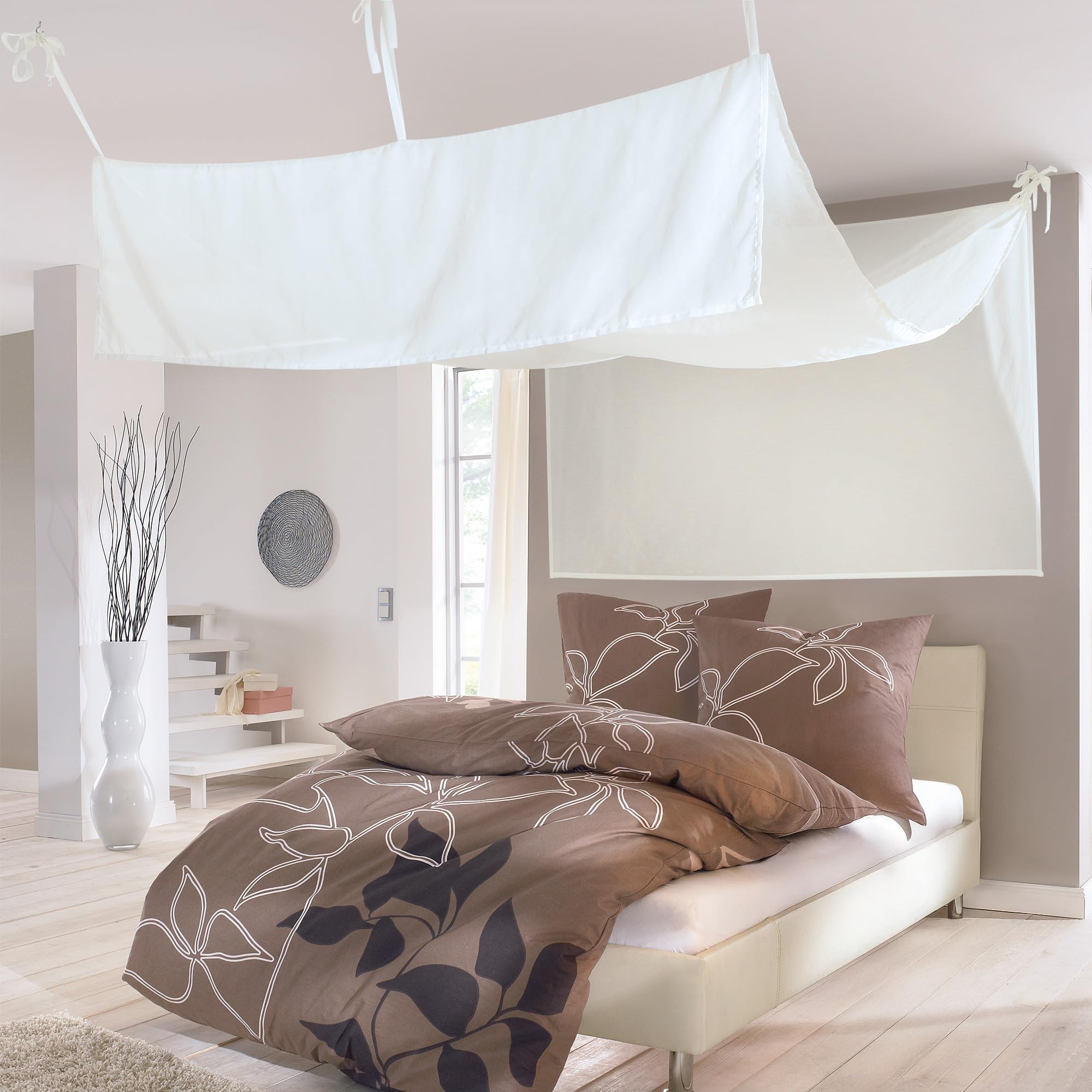 Kutti Dekorativer Betthimmel aus Baumwollmischgewebe in Offwhite – romantischer Himmelbett-Vorhang mit Bindebändern & Schraubhaken – für King Size Betten (Länge 440 cm, Breite 180 cm)