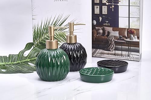 Miniatura 2 de Ceramics - Dispensador de jabón dorado para baño, dispensador de jabón redondo con delicado diseño de rombos en relieve (verde oscuro)