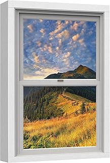 wall26 Canvas Print Wall Art Window View Mountain Range Yellow Flower Meadow Cloudy Sky Nature Wilderness Photography Digital Art Realism Decorative Rustic Landscape Colorful for Bedroom - 16"x24"
