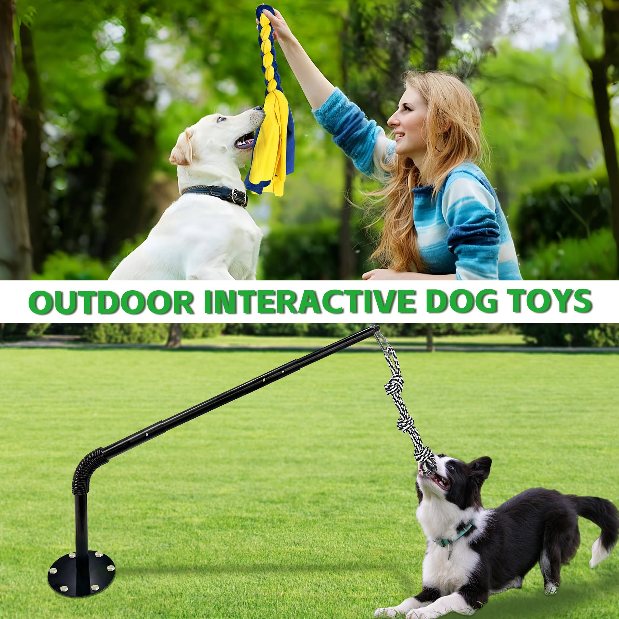 Tether Tug - Juguete para perros al aire libre, juguete de ejercicio para perros con cuerda y campana para perros grandes y medianos, altura ajustable