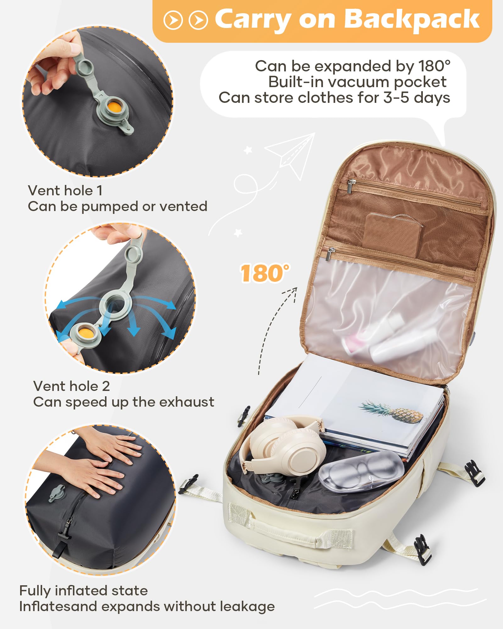 bergsalz Zaino Sottovuoto Viaggio Con Pompa,Zaino Da Viaggio Grande Da Donna Uomo Aereo Bagaglio a Mano Ryanair Con Sottovuoto Incorporato Beige