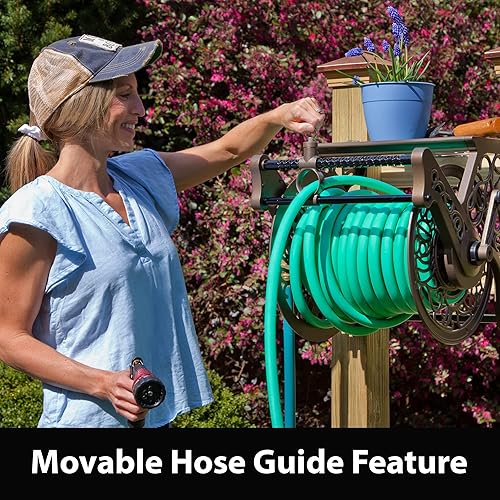 Vista 13 de Carrete portamangueras decorativo Liberty Garden Products, producto número 704, con soporte de pared de aluminio fundido para manguera de hasta 125