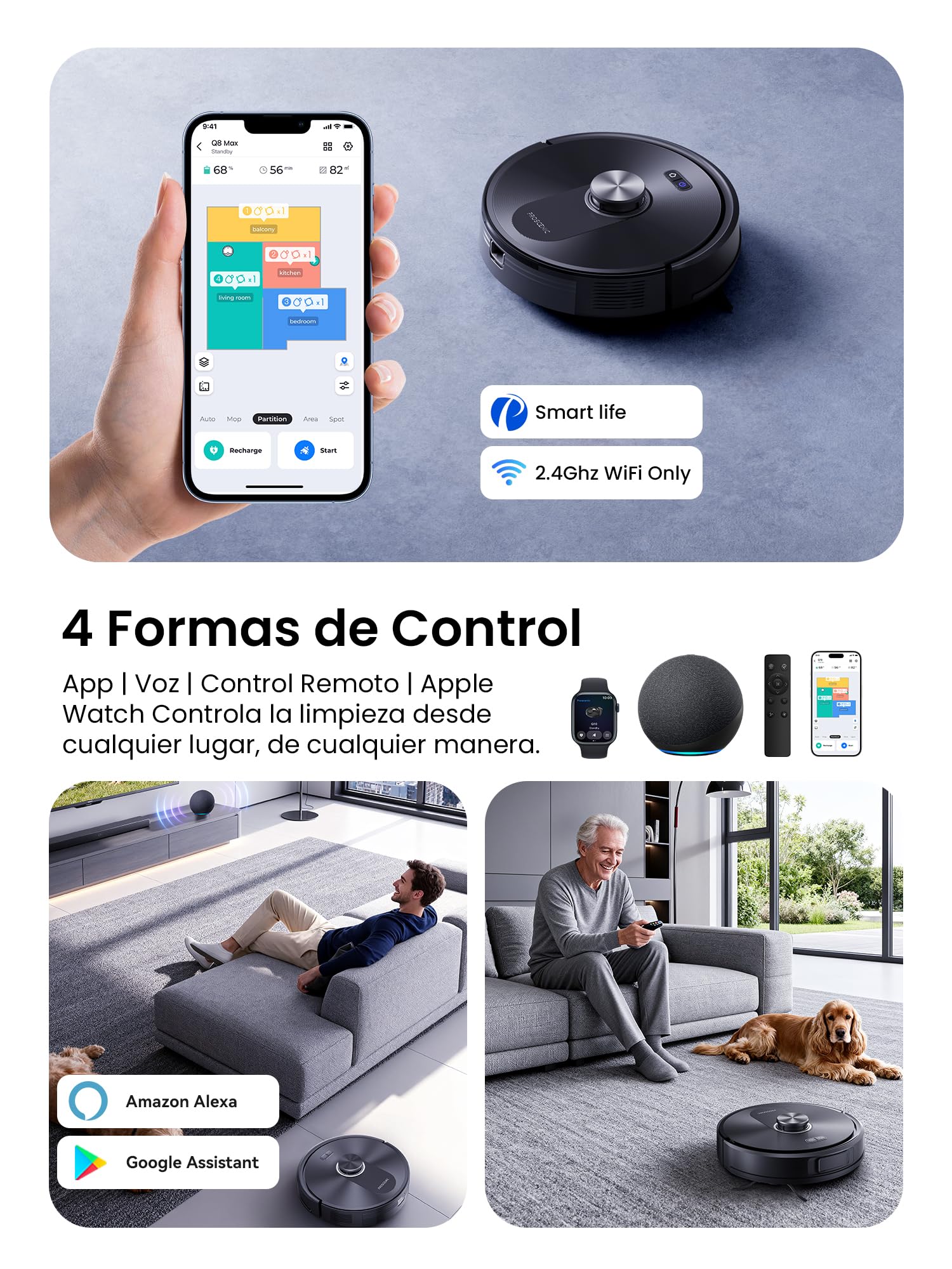 Proscenic Q10 Robot Aspirador 8000 Pa/200Min Autonomía con Fregado, Navegación LIDAR, Adaptación Alfombras, por App/Voz/Control Remoto/Apple Watch para Suelos, Alfombras y pelos de Mascotas