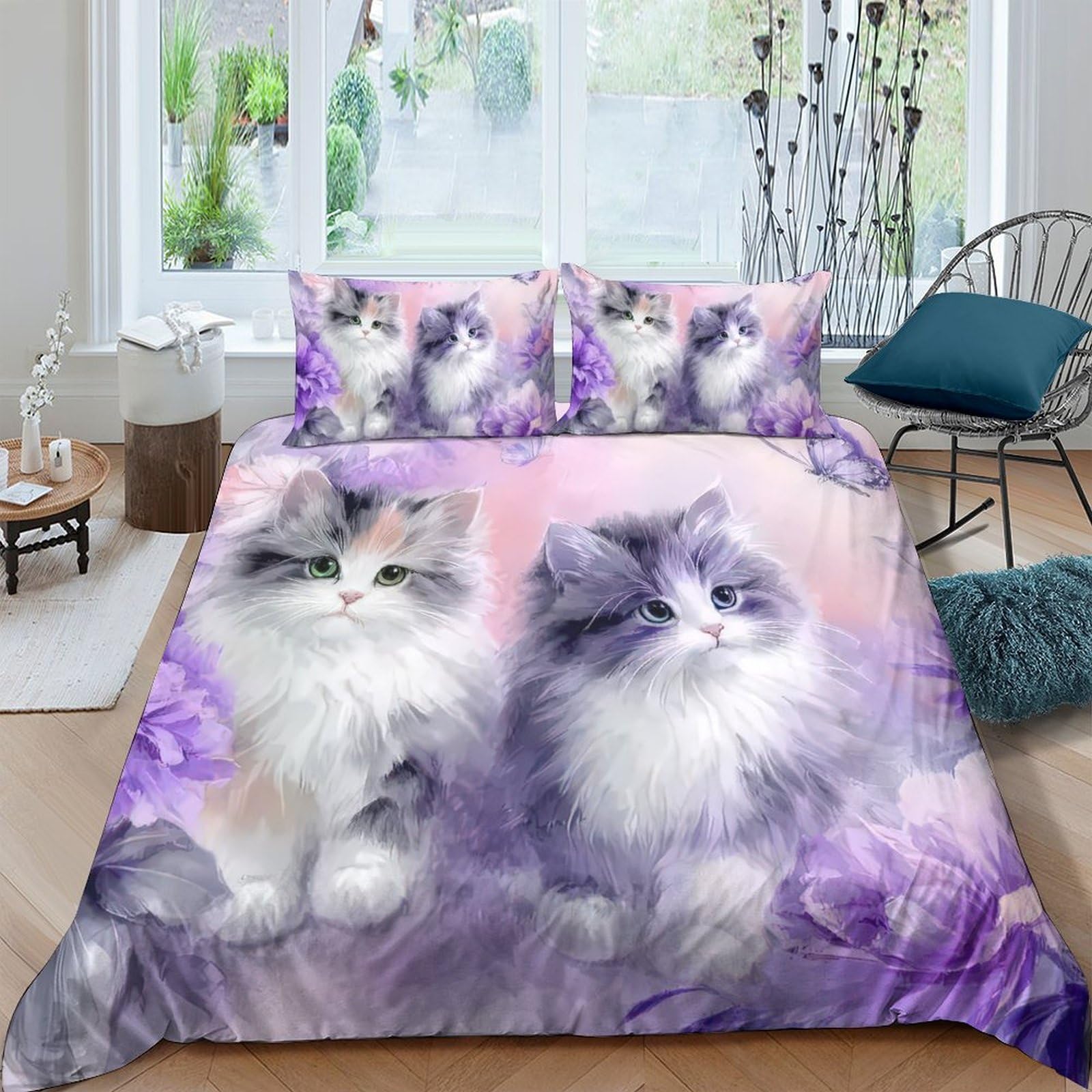 Ctjqhvkz Style-10 3D Printed Fluffy Cat Lavender Fitted Sheet Microfiber Soft Breathable Purple Kitten Mattress Cover Bedroom Decor Single（135X200cm）