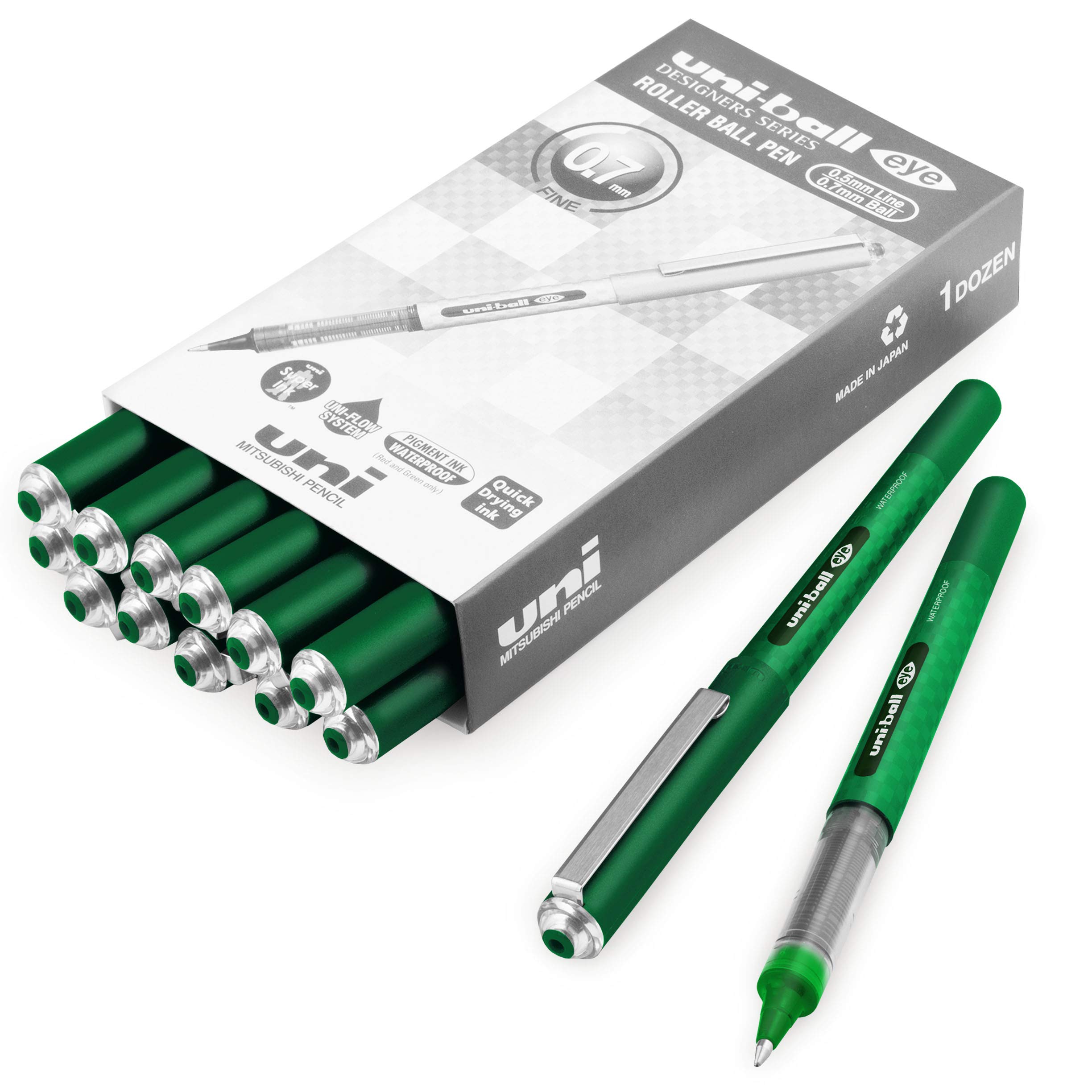 Eye UB-157D Designer Liquid Ink Rollerball Pen – 0.7mm Nib – Green - Pack of 12 + 2