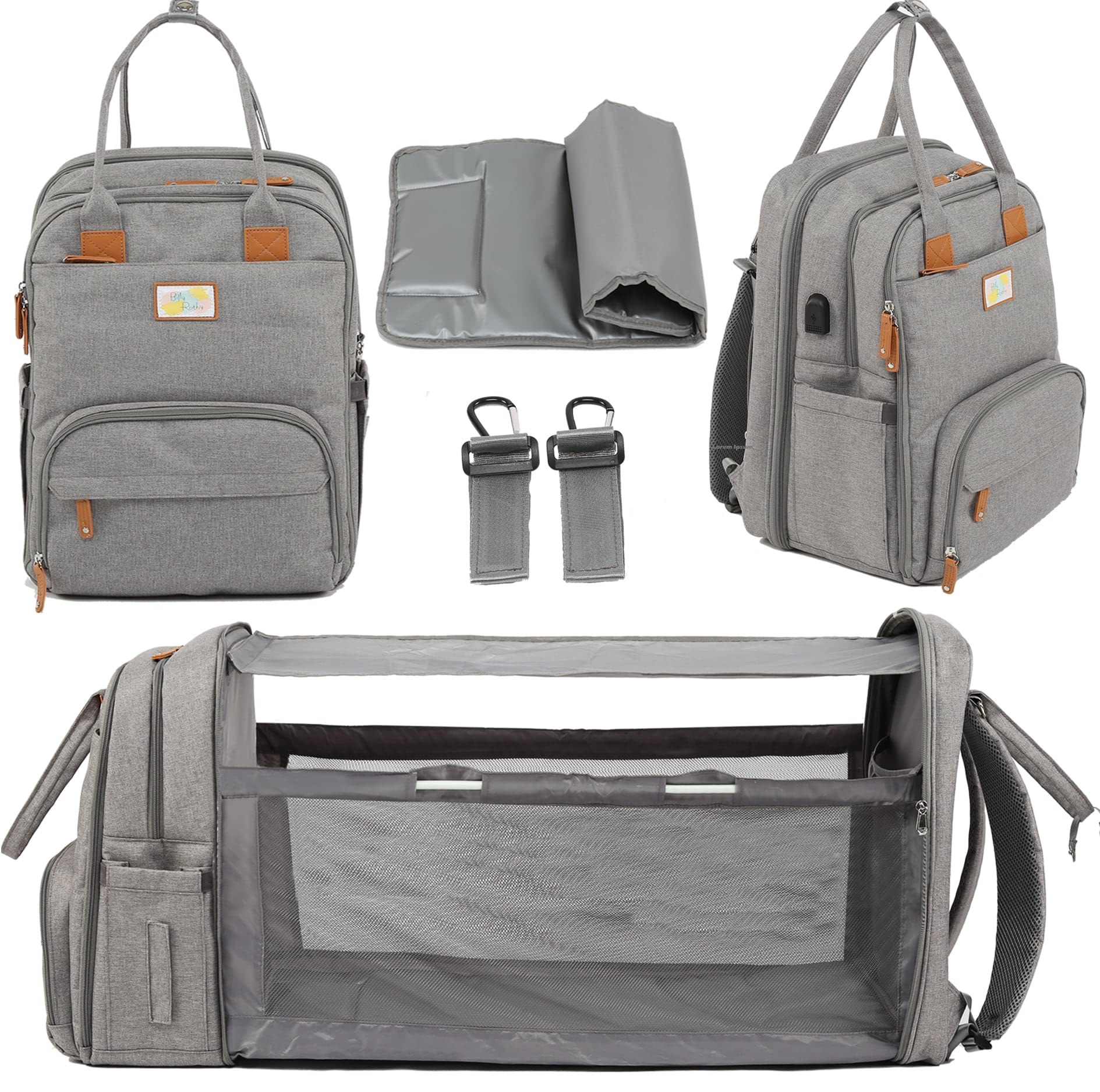 Diaper Bag Backpack with Changing Station -Travel with just 1 Premium Waterproof Baby Bag -Include Portable Changing Pad, USB Charging Station, Stroller Hooks, Luggage Strap (grey)