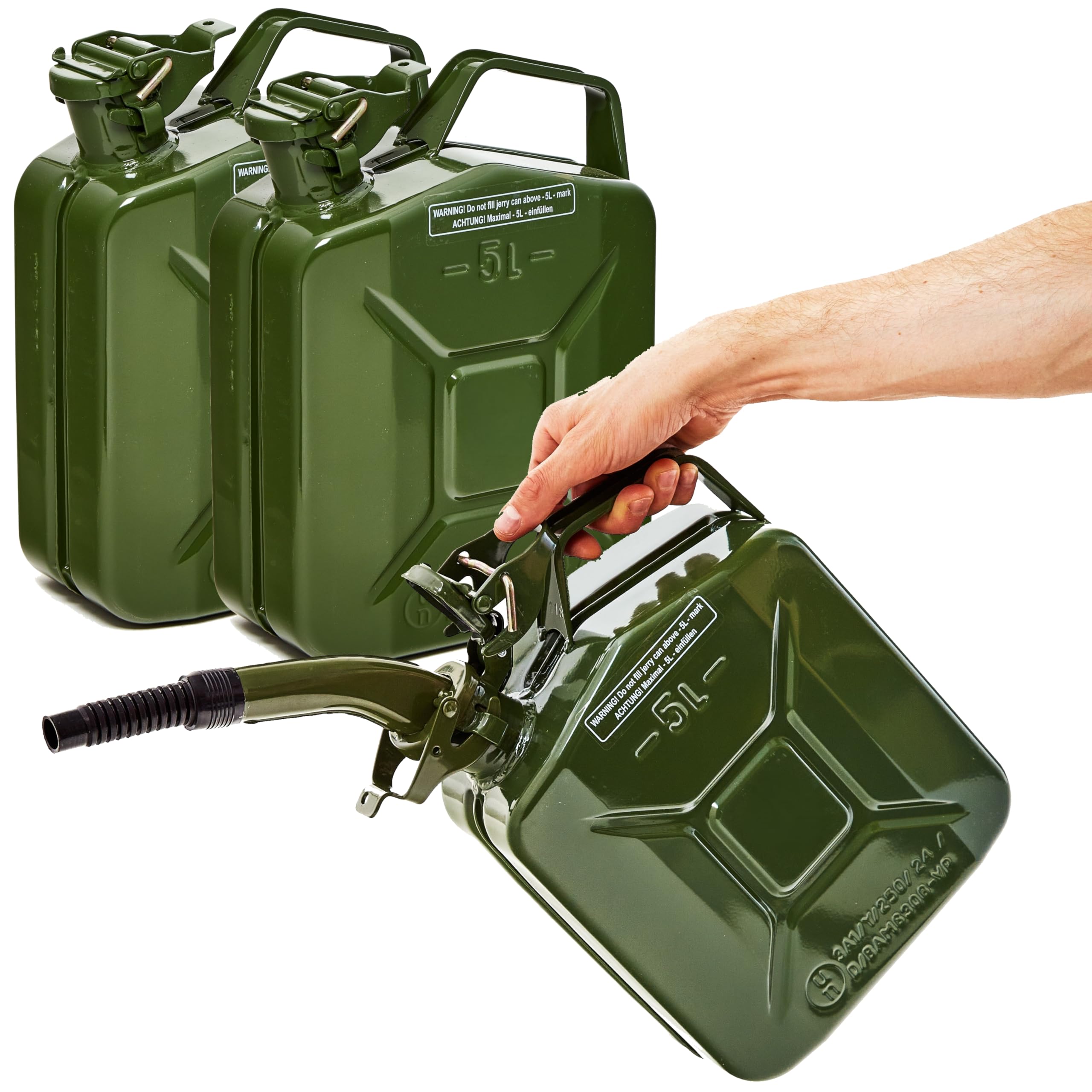 BW® Benzinkanister Metall 3x 5 Liter mit Ausgießer - Kraftstoffkanister Olivgrün - RAL 6003 - TÜV-geprüft und UN-Zulassung - 0,8mm Stahl nach DIN 7274 - Made in Europe