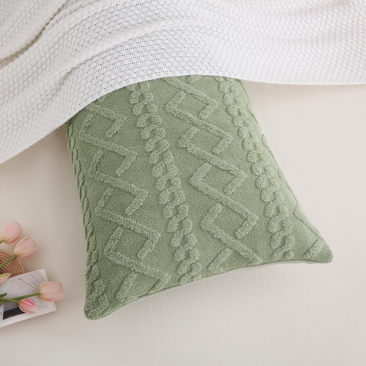 Fluffy Body Pillow Cover Green Faux Fur Pillowcase for Couch Bed Diamond Stripe Geometric Bed Pillow Cover Flannel Fleece Long Pillow Cover