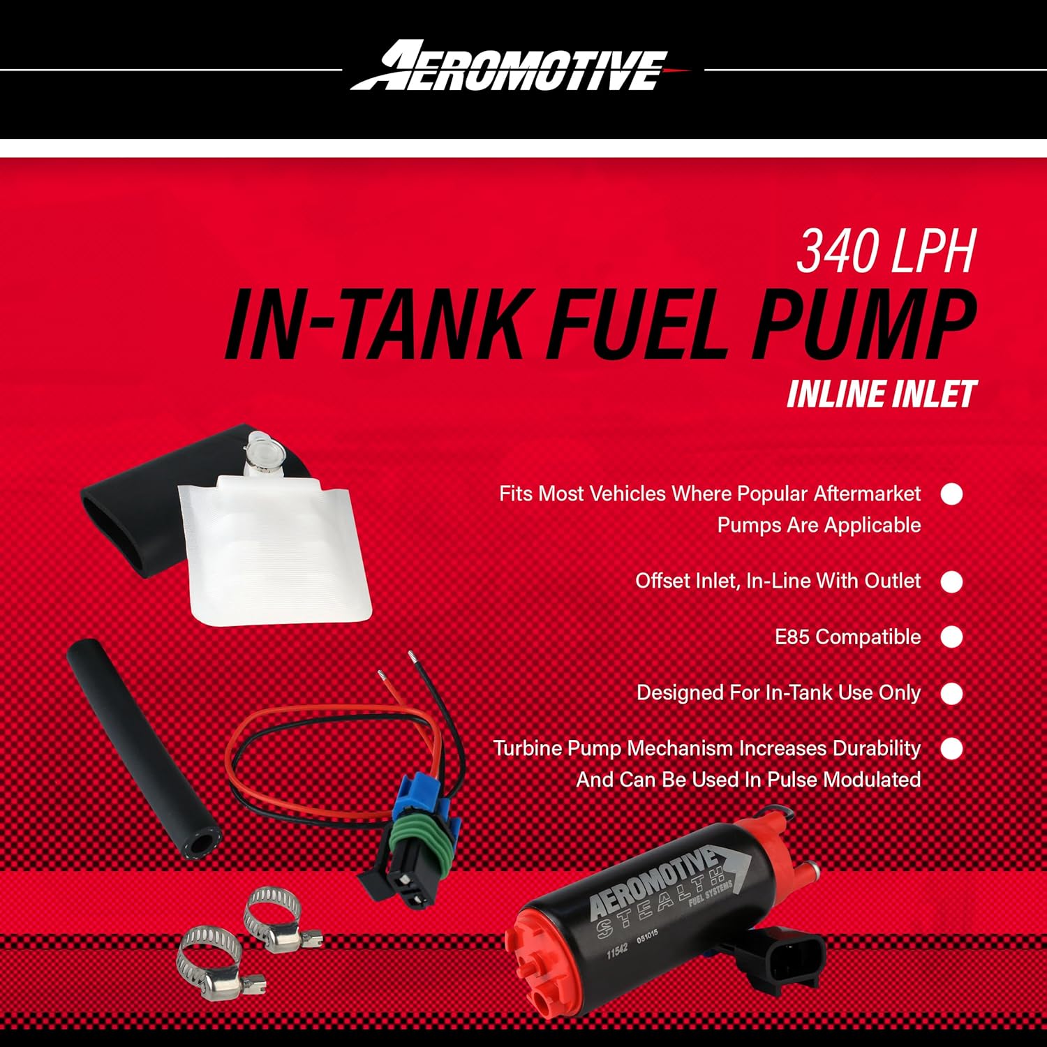 Aeromotive 340 LPH In-Tank Fuel Pump - 12V Electric High-Flow EFI Fuel Pump for Carbureted or EFI Car Engines, Gas & E85 Compatible, Inline Inlet, OEM 39mm Body - 11542