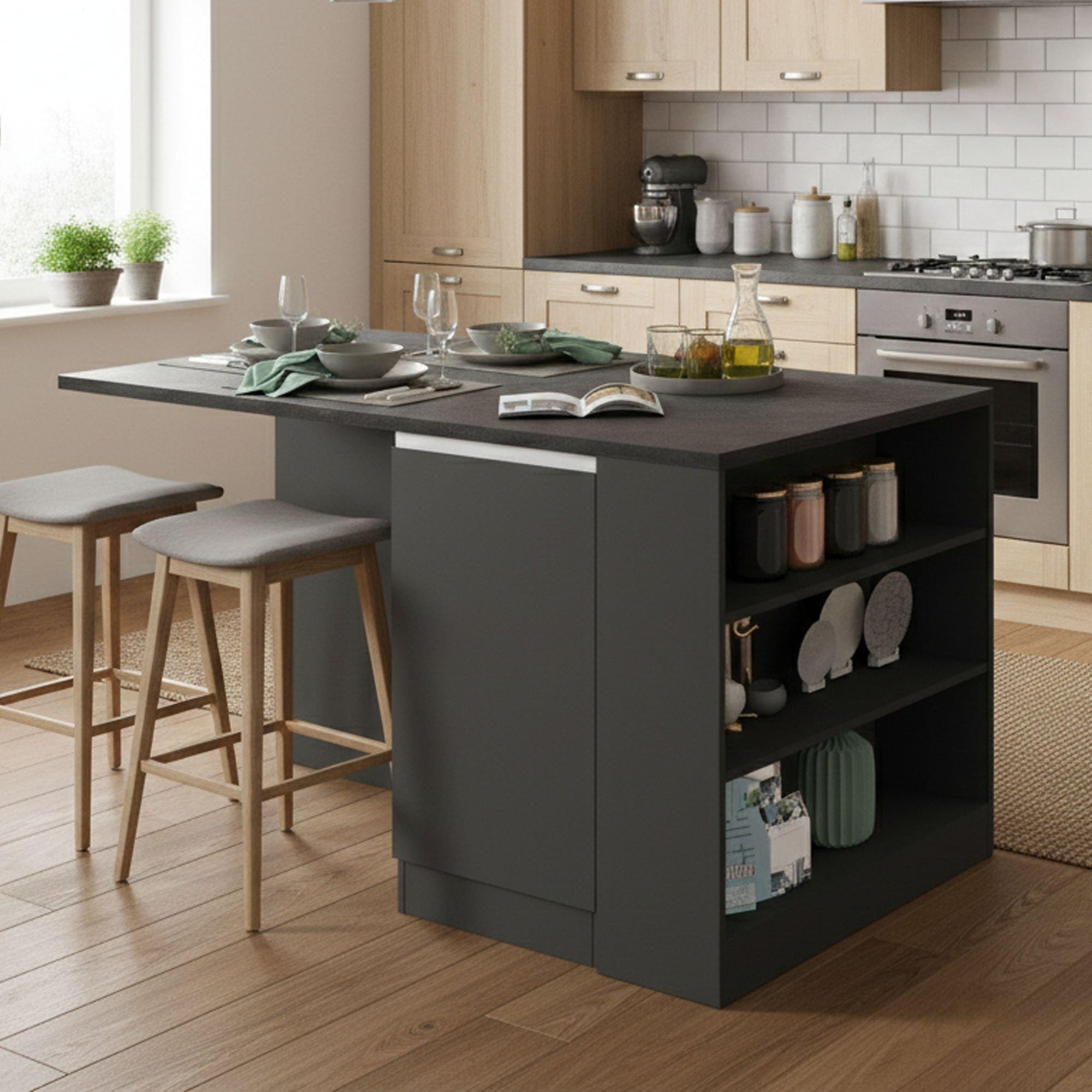 Dmora - Isola da cucina Osvaldo, Armadio multiuso, Mobile per cucinotto, Tavolo ausiliario, 100% Made in Italy, 160x90h90 cm, Antracite e Ardesia