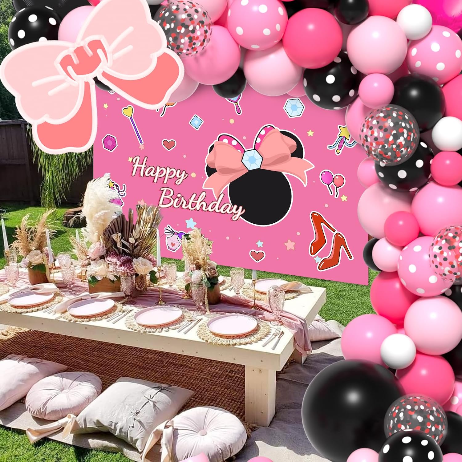 Pink Mouse Birthday Decorations of Pink Mouse Balloon Arch Kit with Backdrop & Tablecloth - Mouse Balloon Garland Different Sizes 5 12 Inch Pink Black Balloons for Girls Baby Shower Birthday Decor - Image 5