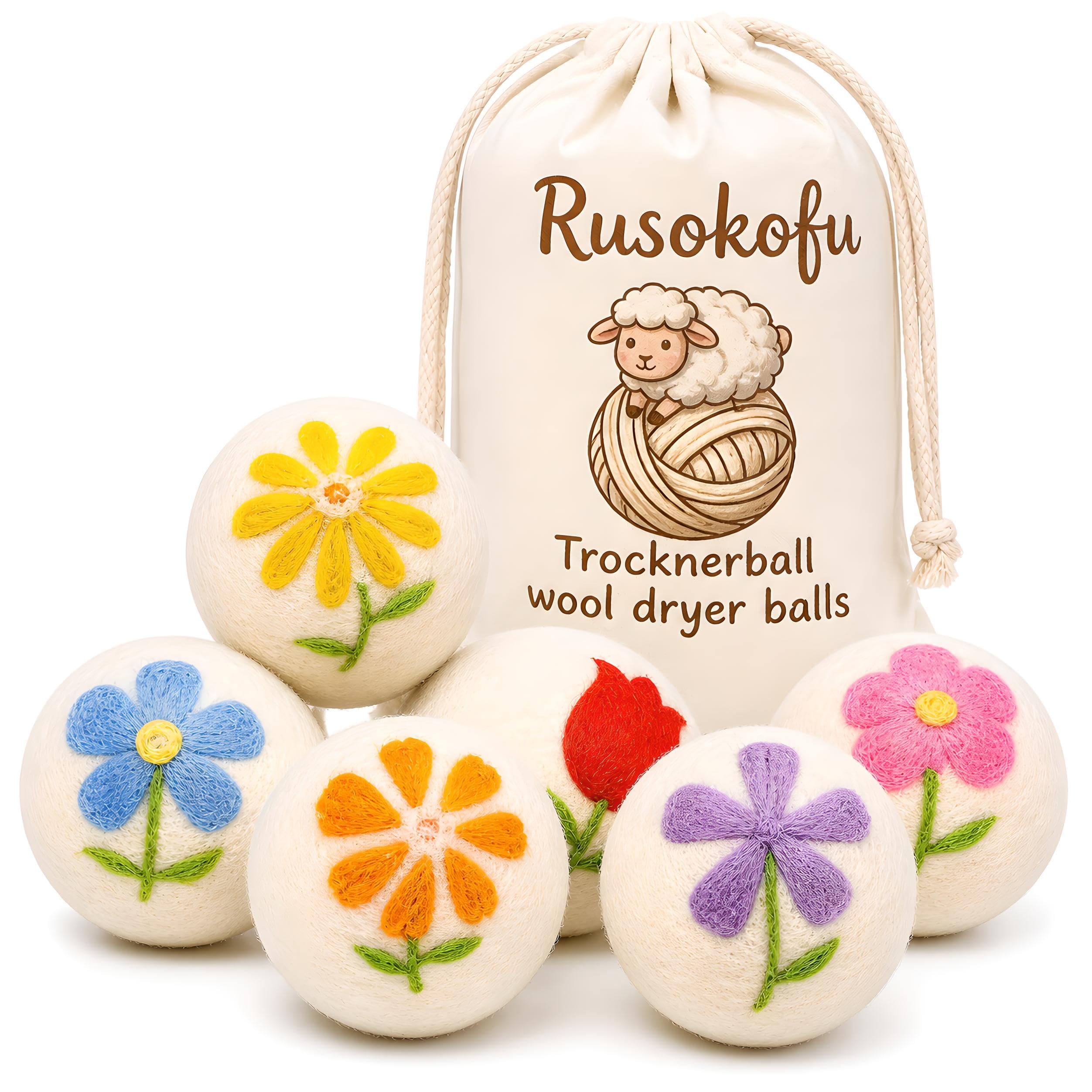 6 Bolas De Secado De Lana XL con Bordado Floral Único Suavizante Natural Reutilizable Reduce Arrugas Y Tiempo De Secado Hipoalergénico