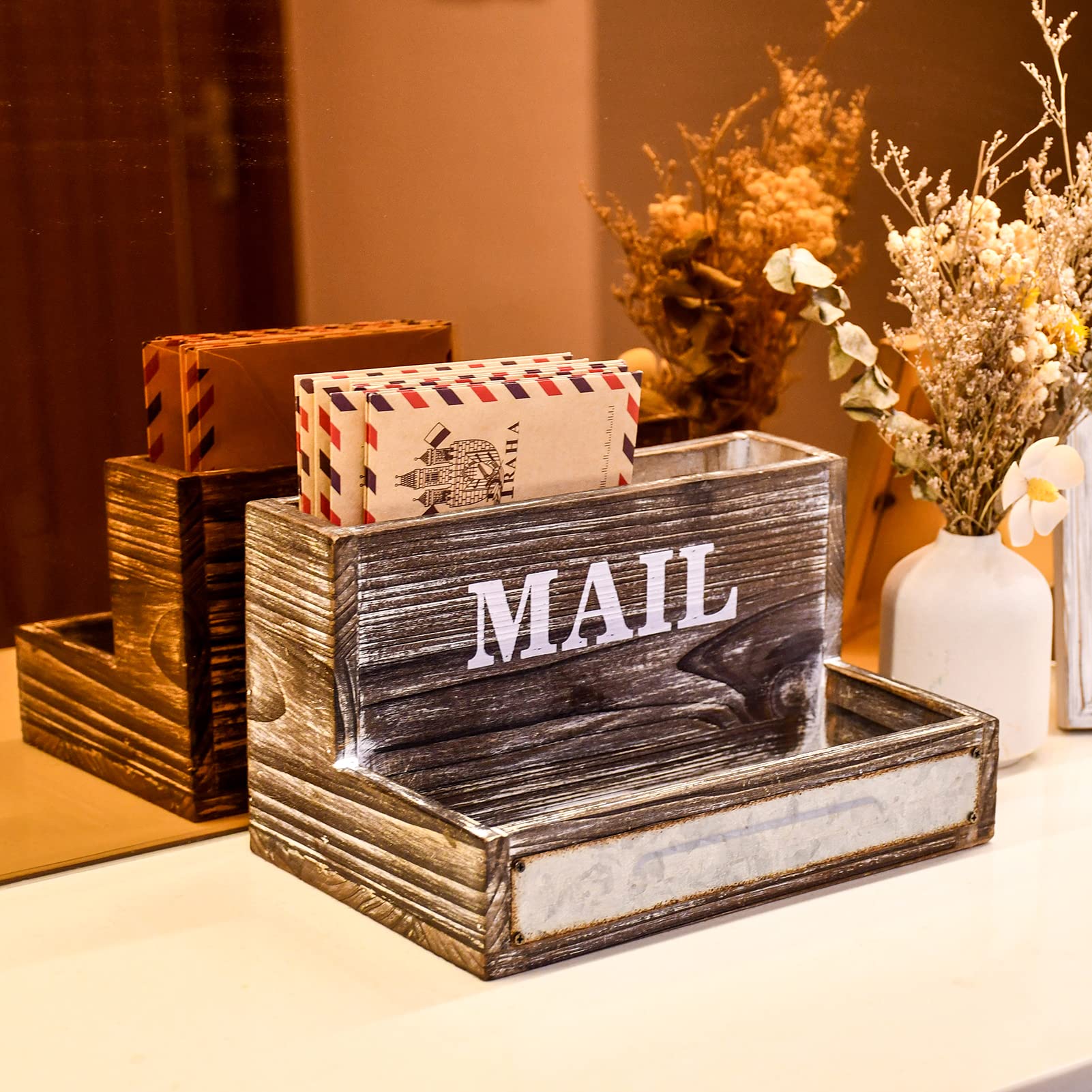 Farmhouse Wood Desktop Desk Mail Organizer with 2-Slot Desktop Mail Sorter Holder File Organizer Bill Paper Folder Office Desk Accessories Rustic Office Supplies Home Decor