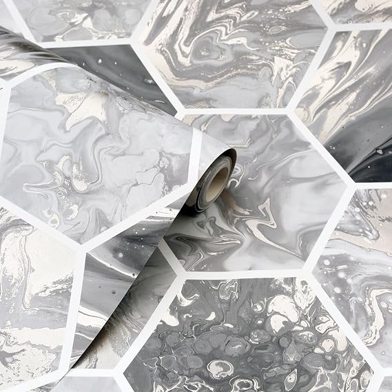 Arthouse Marbled Hex Charcoal and Rose Gold Wallpaper -908502
