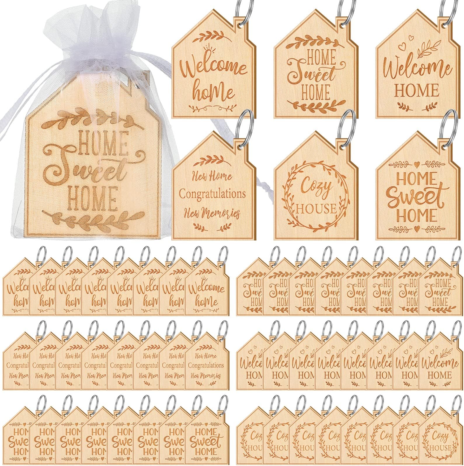 Yinkin 48 Pcs New Home Keychain Bulk Home Wood