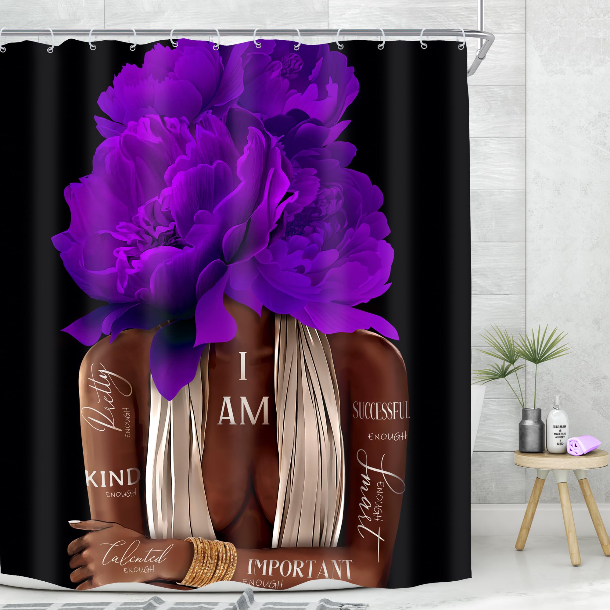 ผ้าม่านห้องน้ำ MESHELLY สำหรับเด็กผู้หญิงผิวสีดำ ขนาด 72x72 นิ้ว ลายดอกโบตั๋นสีเงิน ทำจากโพลีเอสเตอร์กันน้ำ พร้อมตะขอ 12 อัน