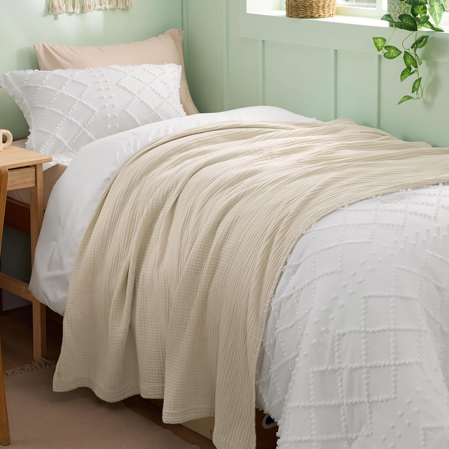Bedsure 100% Cotton Muslin Blanket Twin XL for Bed - 4-Layer Breathable and Lightweight Soft Gauze Muslin Blankets for Adults, PureWoven Thin Summer Blanket for College Dorm, Linen Beige, 66x90 Inches