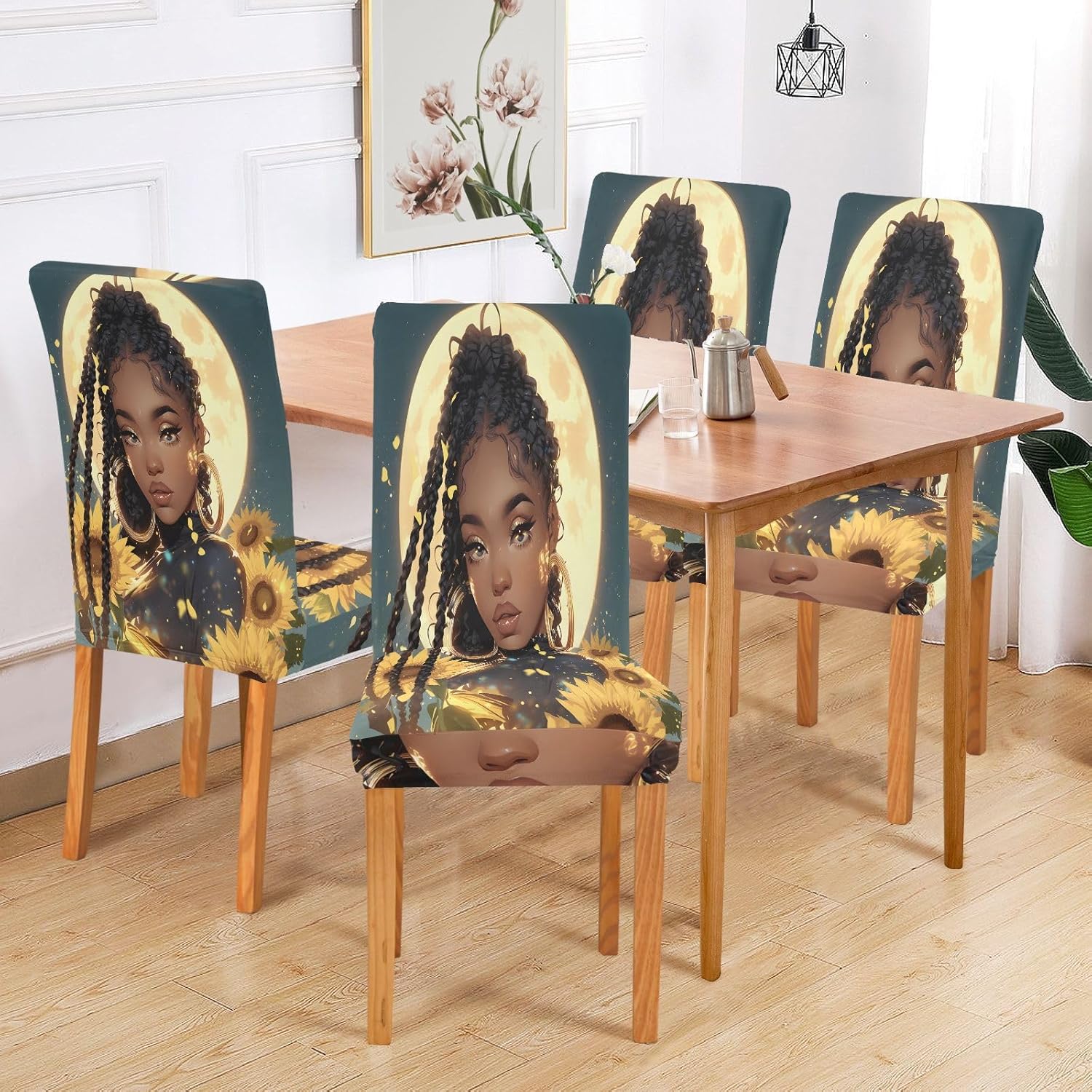 ALAZA Chair Covers for Dining Room, African Woman Sunflower Stretch Chair Cover Sets Chair Protector Removable Washable for Ktichen Restaurant Hotel