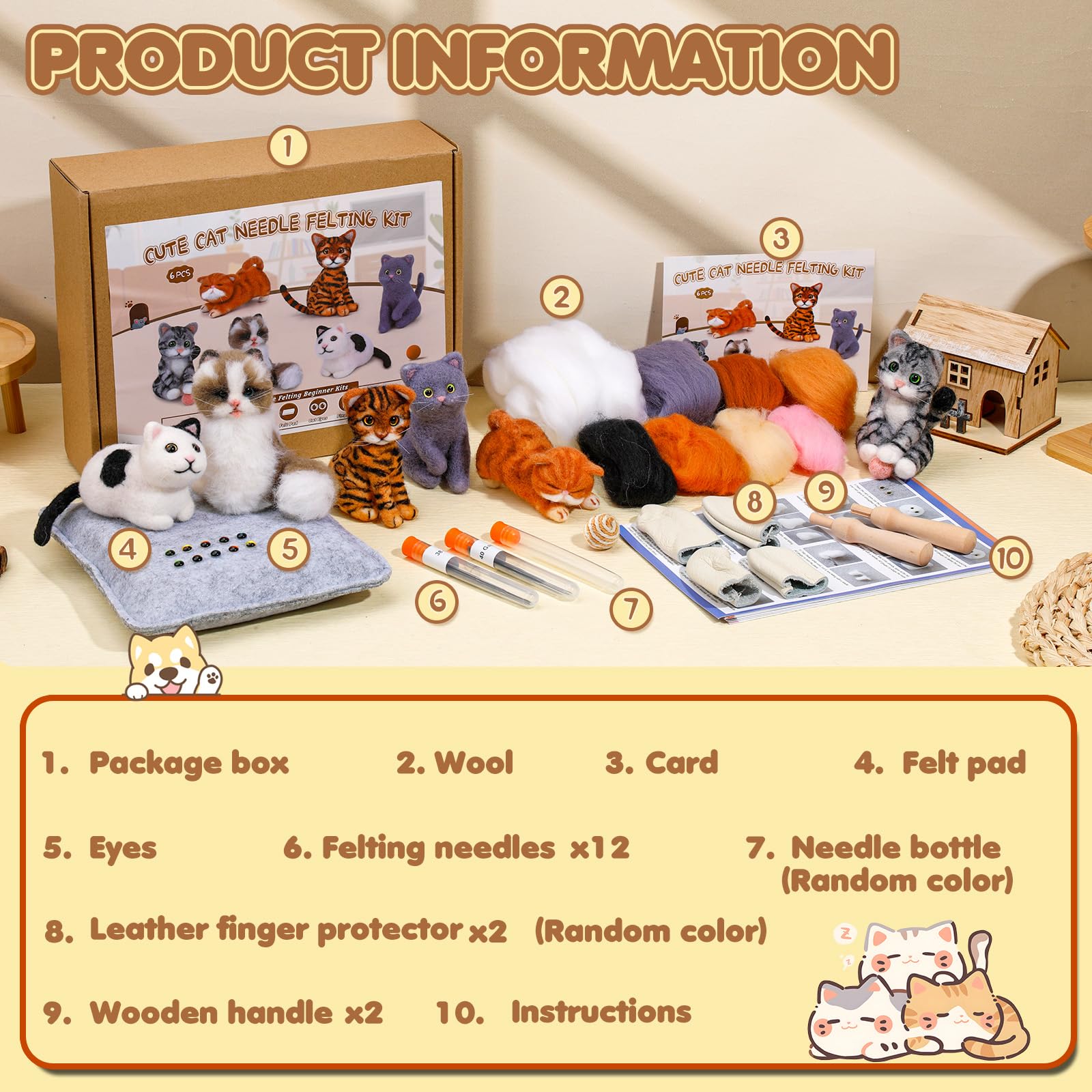 Doxiru Needle Felting Kit, 6 Pcs Cat Animal Felted Beginner Kits, Needle Felting Tools with Instruction, Wool Pad - Image 2