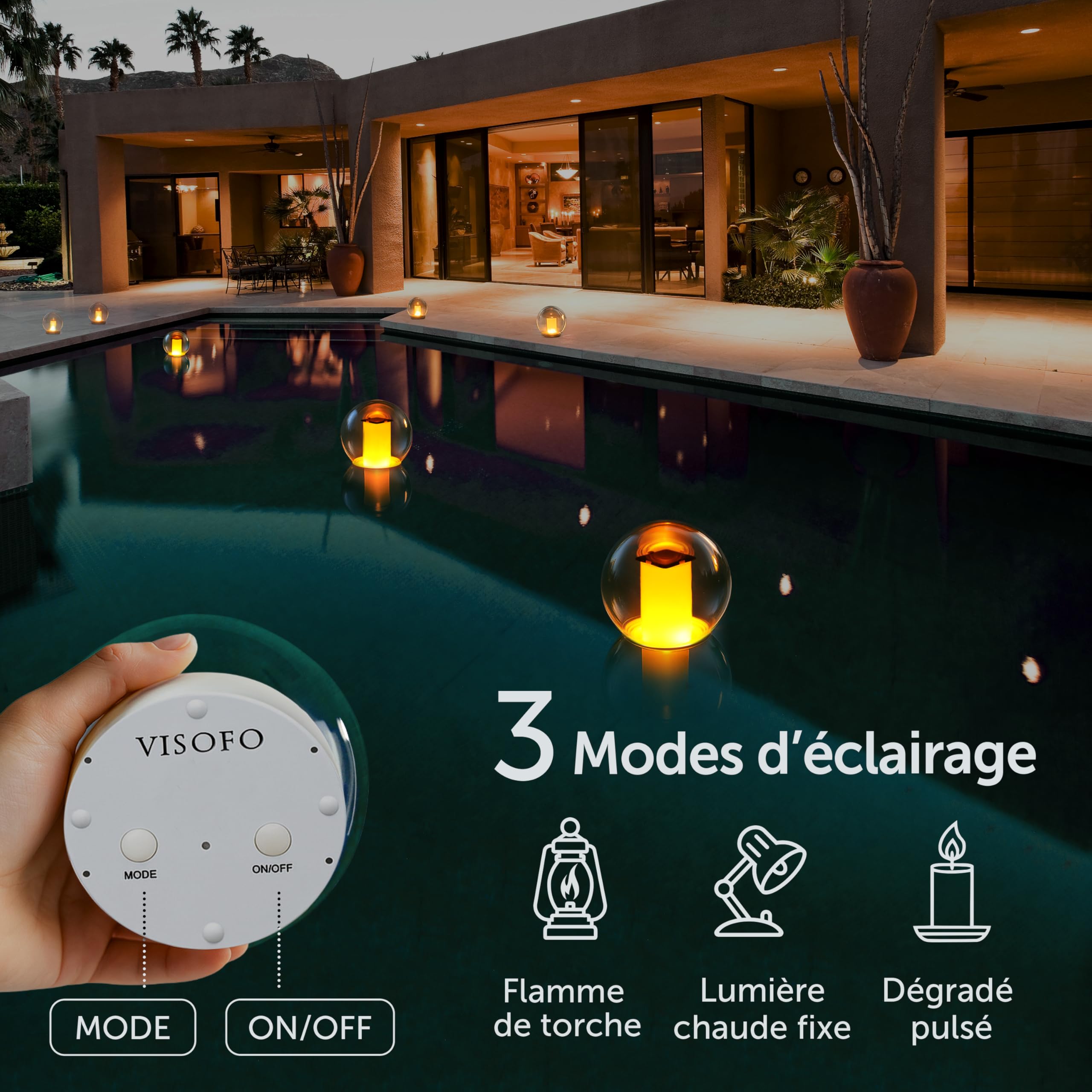 VISOFO Lampes solaires flottantes pour piscine | Décorations d'extérieur étanches à énergie solaire Lampe LED flamme LED pour étang creusé Décoration de fête, événement, nuit hors sol IP68 (1 pièce)