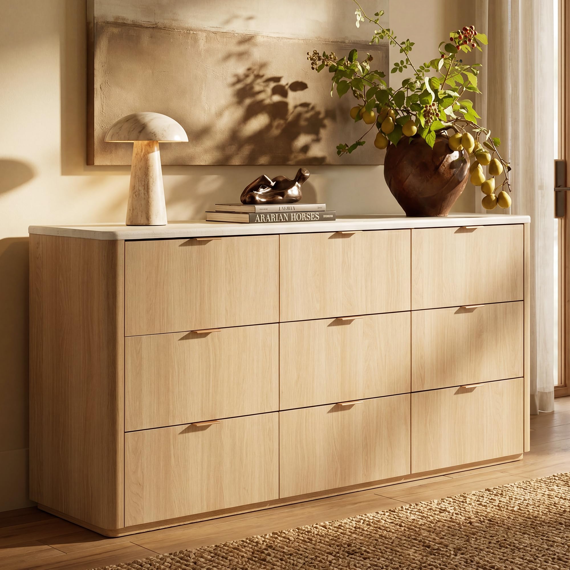 Diagram showing the dimensions of the ModernMate 9-Drawer Dresser, including overall width (63 inches), height (32.3 inches), depth (15.6 inches), and individual drawer dimensions.